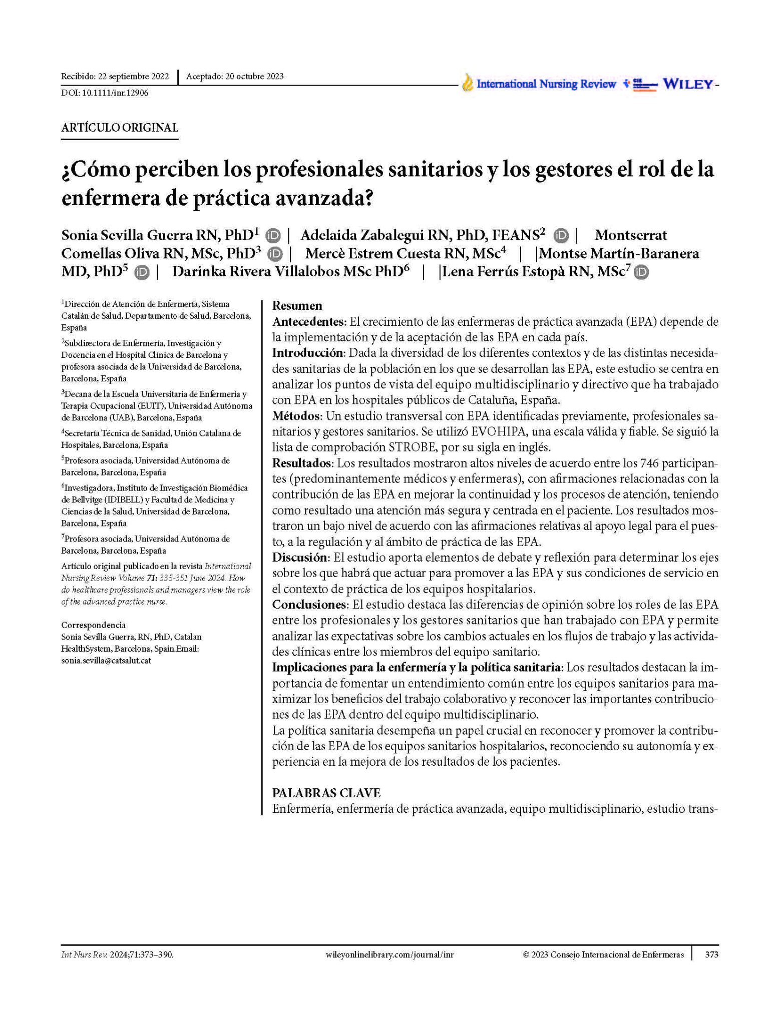 ¿Cómo perciben los profesionales sanitarios y los gestores el rol de la enfermera de práctica avanzada?