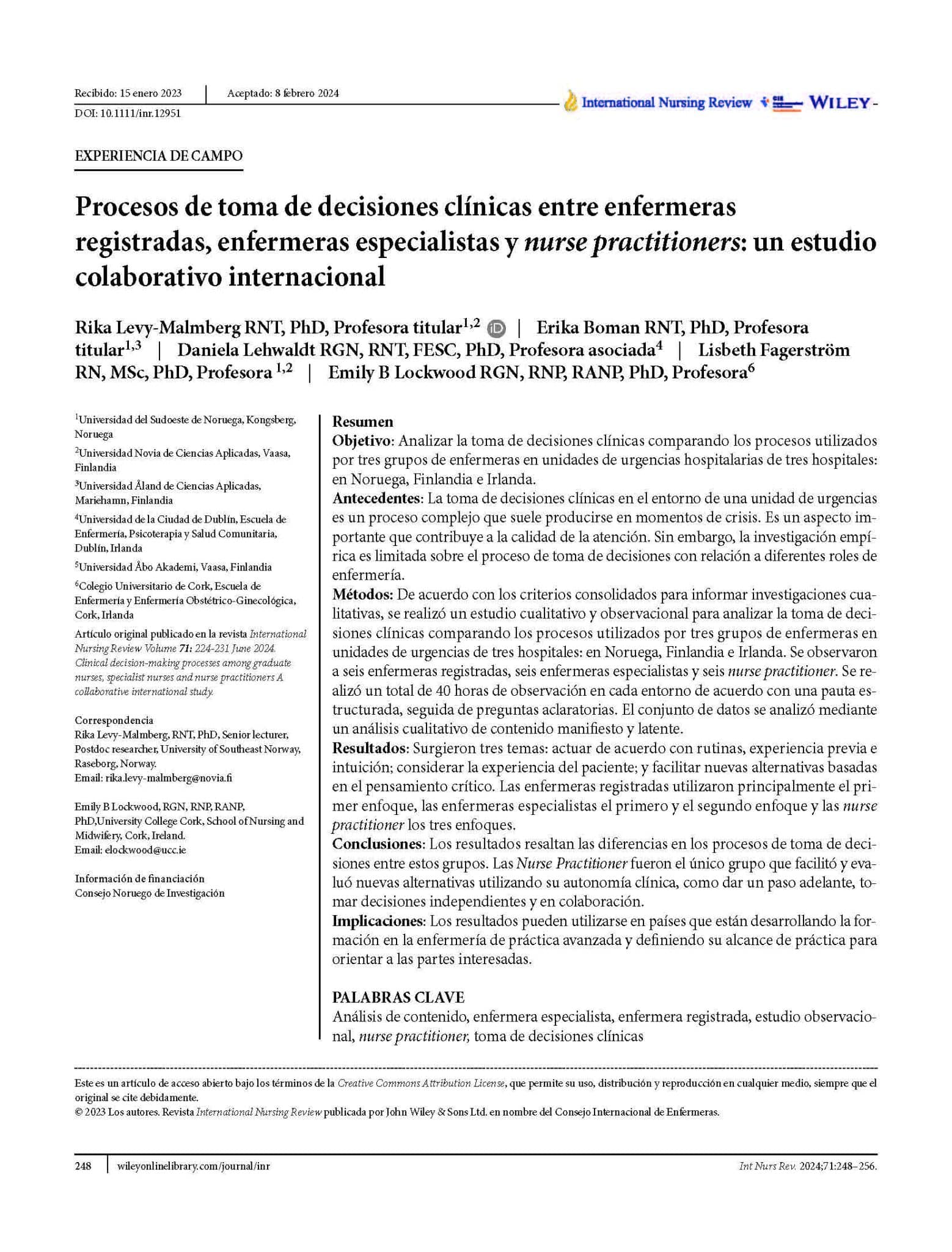 Procesos de toma de decisiones clínicas entre enfermeras registradas, enfermeras especialistas y nurse practitioners: un estudio colaborativo internacional