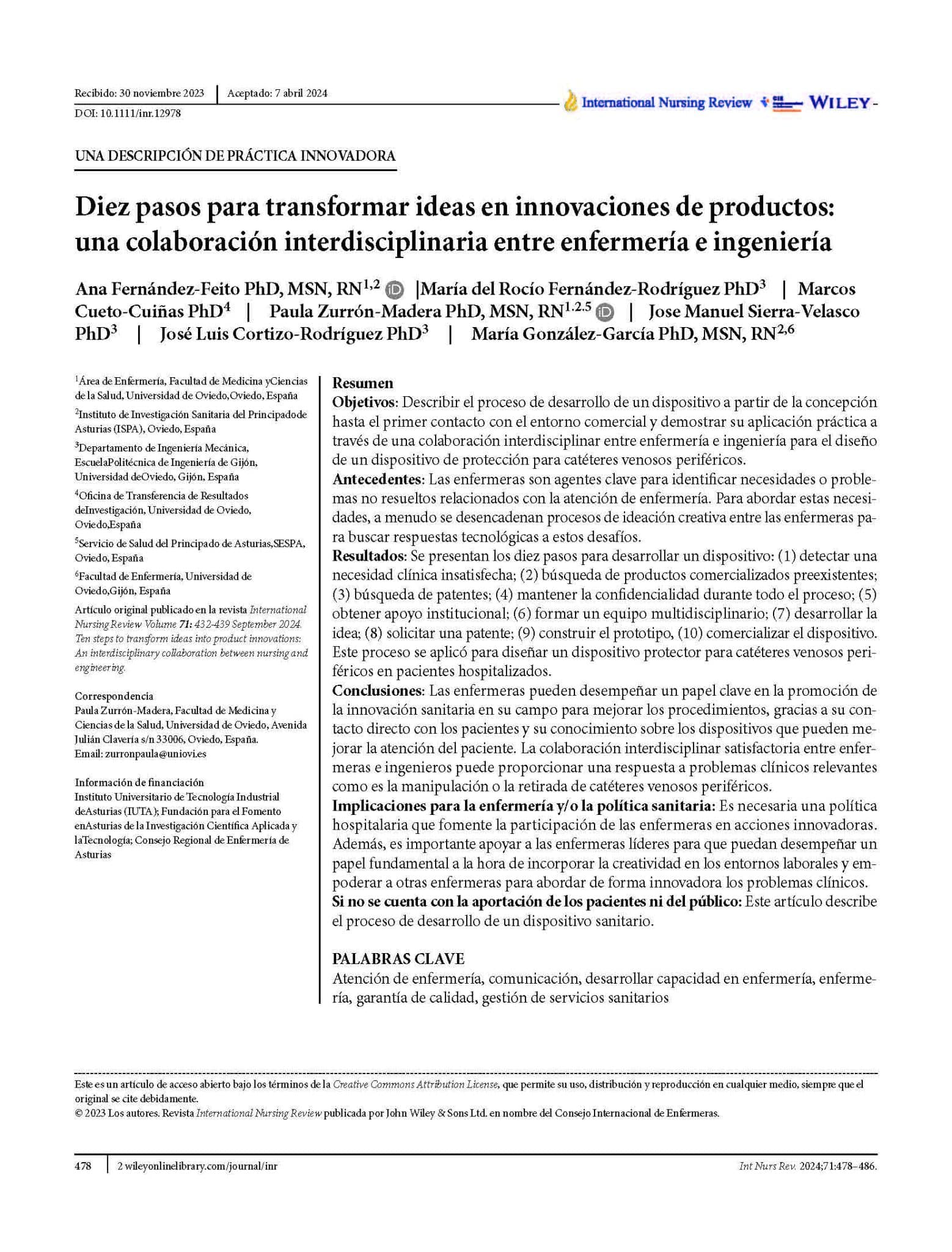 Diez pasos para transformar ideas en innovaciones de productos: una colaboración interdisciplinaria entre enfermería e ingeniería