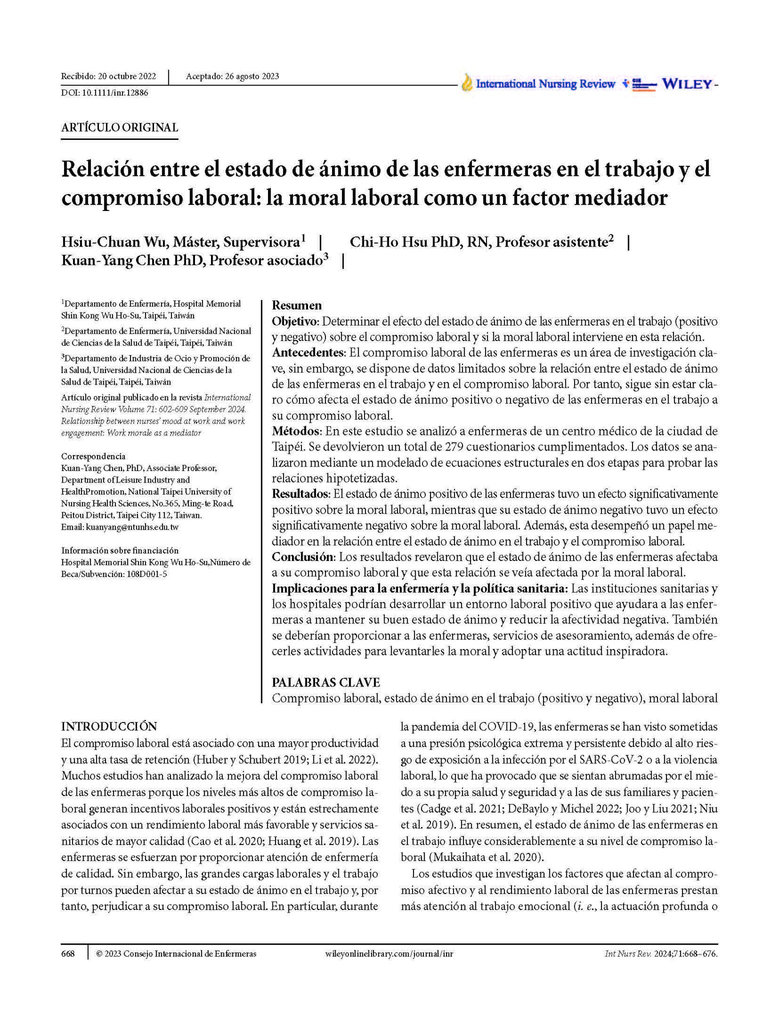 Relación entre el estado de ánimo de las enfermeras en el trabajo y el compromiso laboral: la moral laboral como un factor mediador