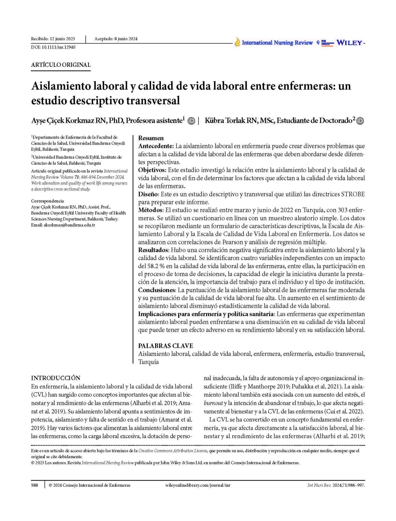 Aislamiento laboral y calidad de vida laboral entre enfermeras: un estudio descriptivo transversal