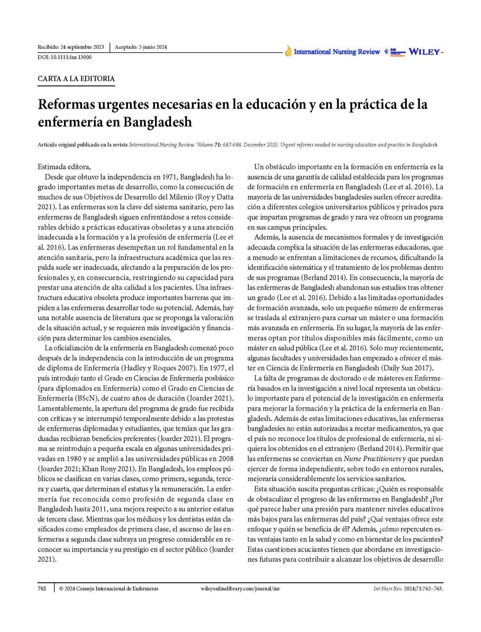 Reformas urgentes necesarias en la educación y en la práctica de la enfermería en Bangladesh