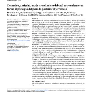 Depresión, ansiedad, estrés y rendimiento laboral entre enfermeras turcas al principio del período posterior al terremoto