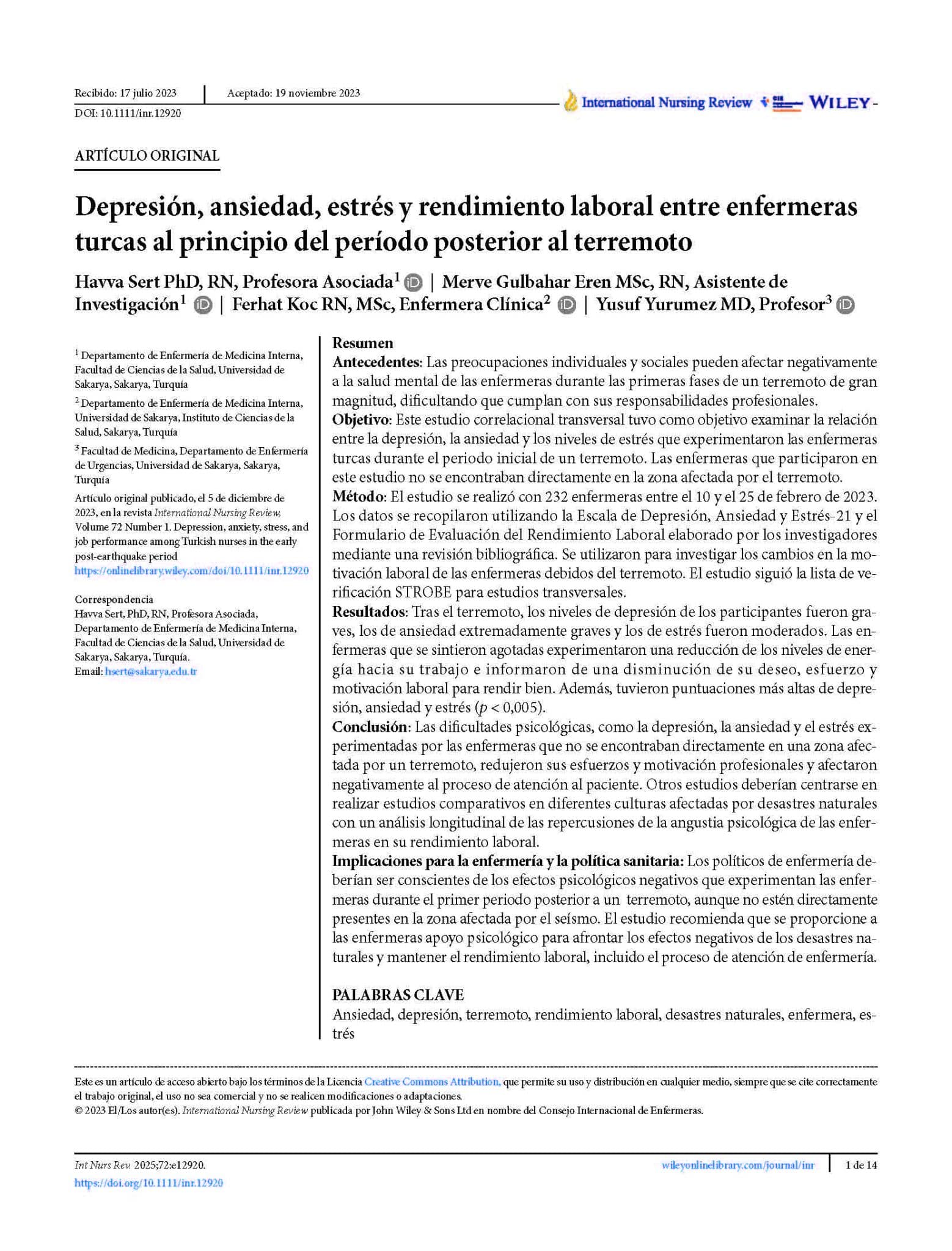 Depresión, ansiedad, estrés y rendimiento laboral entre enfermeras turcas al principio del período posterior al terremoto