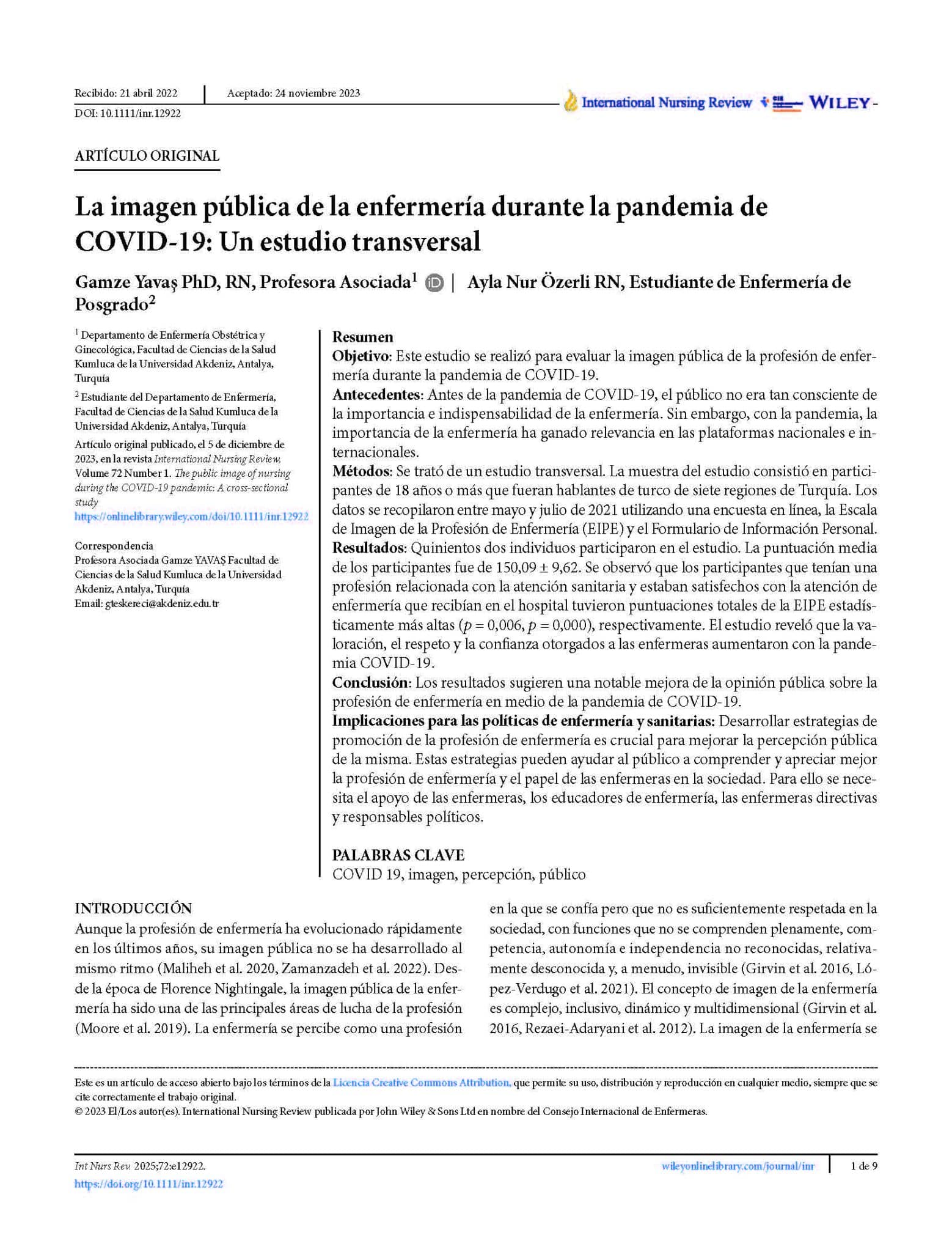 La imagen pública de la enfermería durante la pandemia de COVID-19: Un estudio transversal