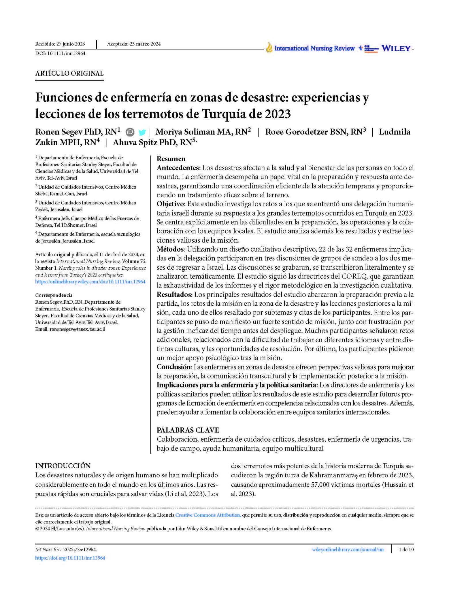 Funciones de enfermería en zonas de desastre: experiencias y lecciones de los terremotos de Turquía de 2023
