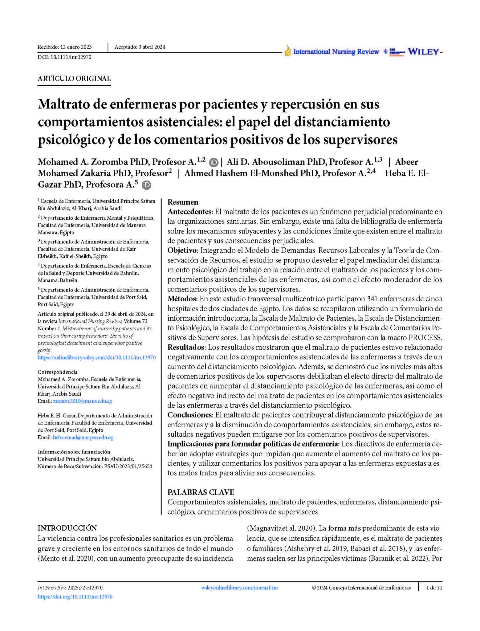 Maltrato de enfermeras por pacientes y repercusión en sus comportamientos asistenciales: el papel del distanciamiento psicológico y de los comentarios positivos de los supervisores
