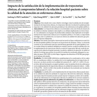 Impacto de la satisfacción de la implementación de trayectorias clínicas, el compromiso laboral y la relación hospital-paciente sobre la calidad de la atención en enfermeras chinas