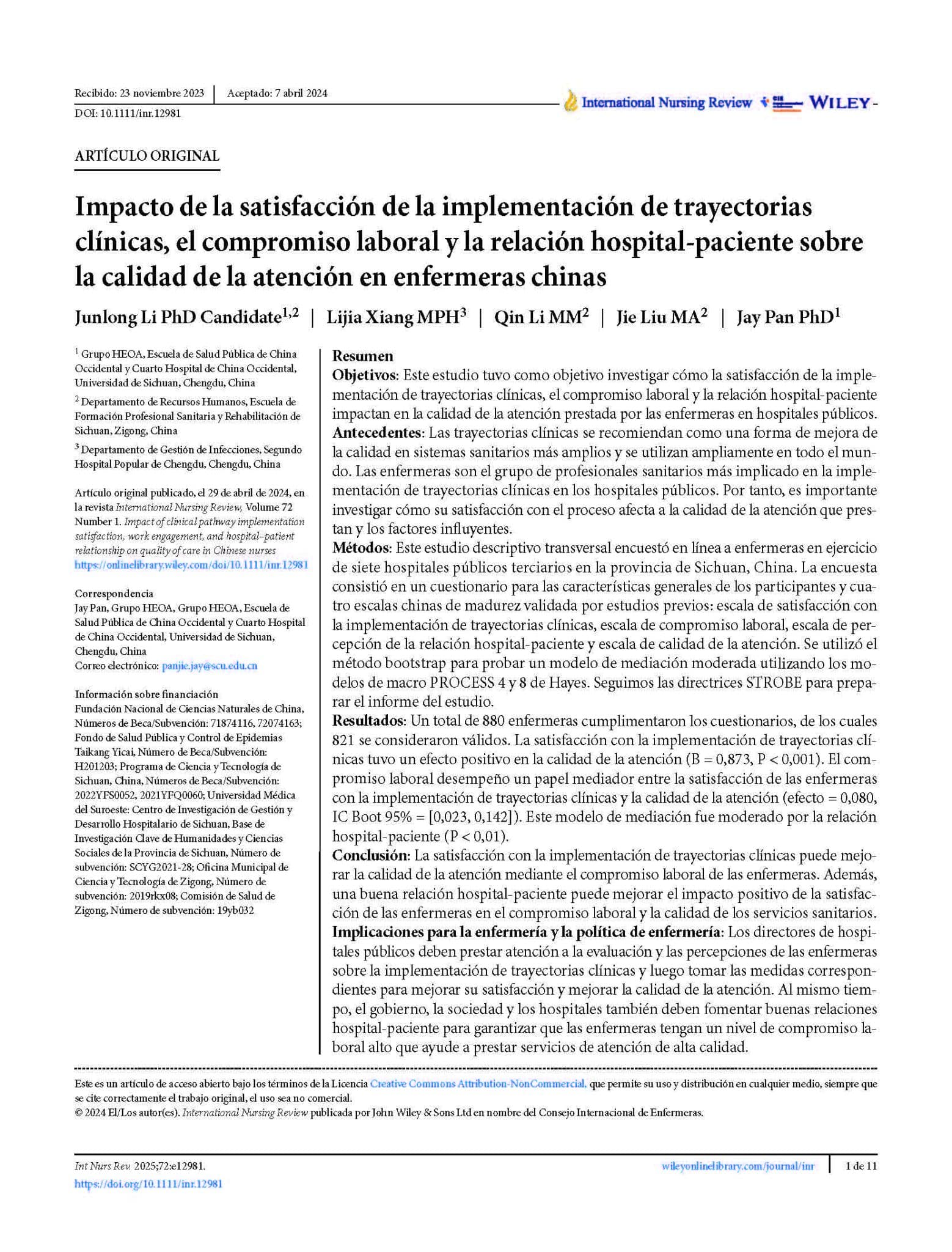 Impacto de la satisfacción de la implementación de trayectorias clínicas, el compromiso laboral y la relación hospital-paciente sobre la calidad de la atención en enfermeras chinas