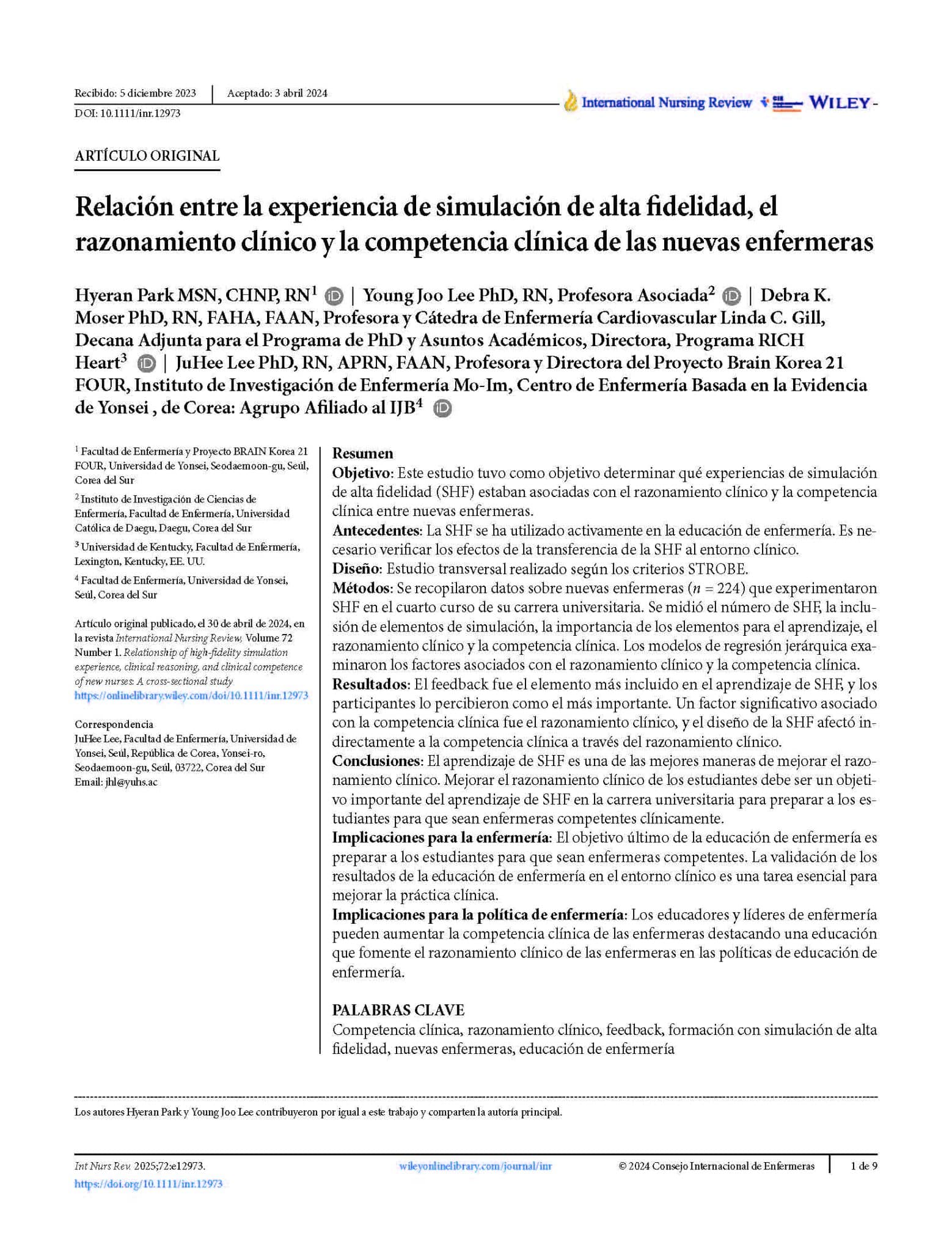 Relación entre la experiencia de simulación de alta fidelidad, el razonamiento clínico y la competencia clínica de las nuevas enfermeras