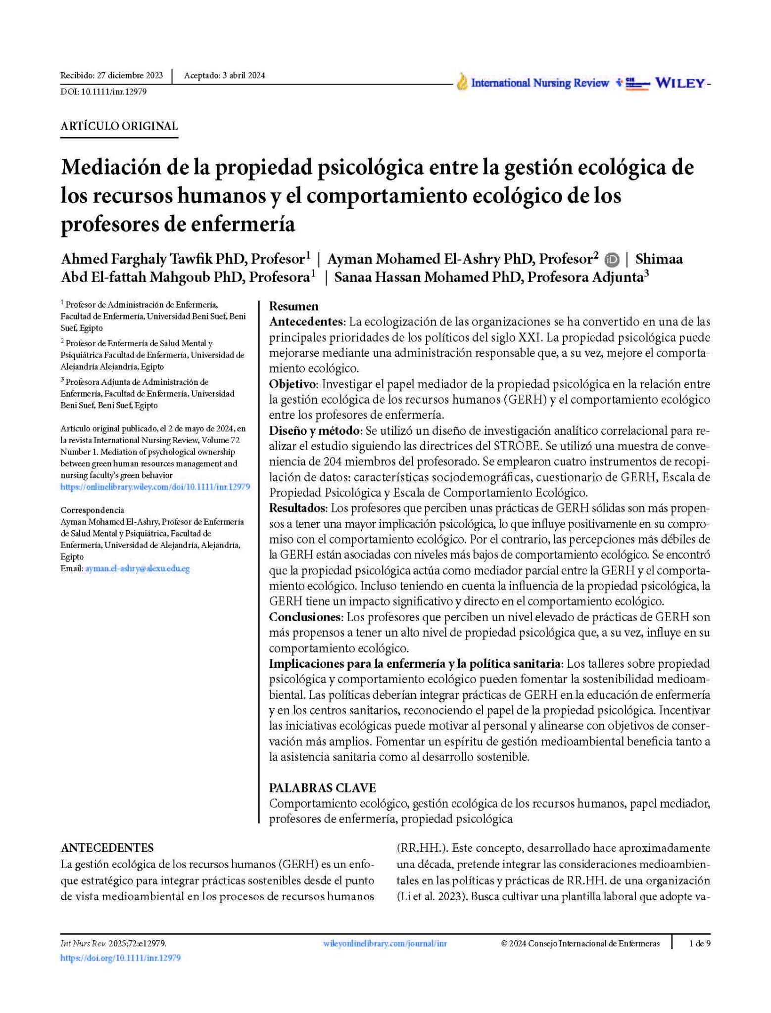 Mediación de la propiedad psicológica entre la gestión ecológica de los recursos humanos y el comportamiento ecológico de los profesores de enfermería