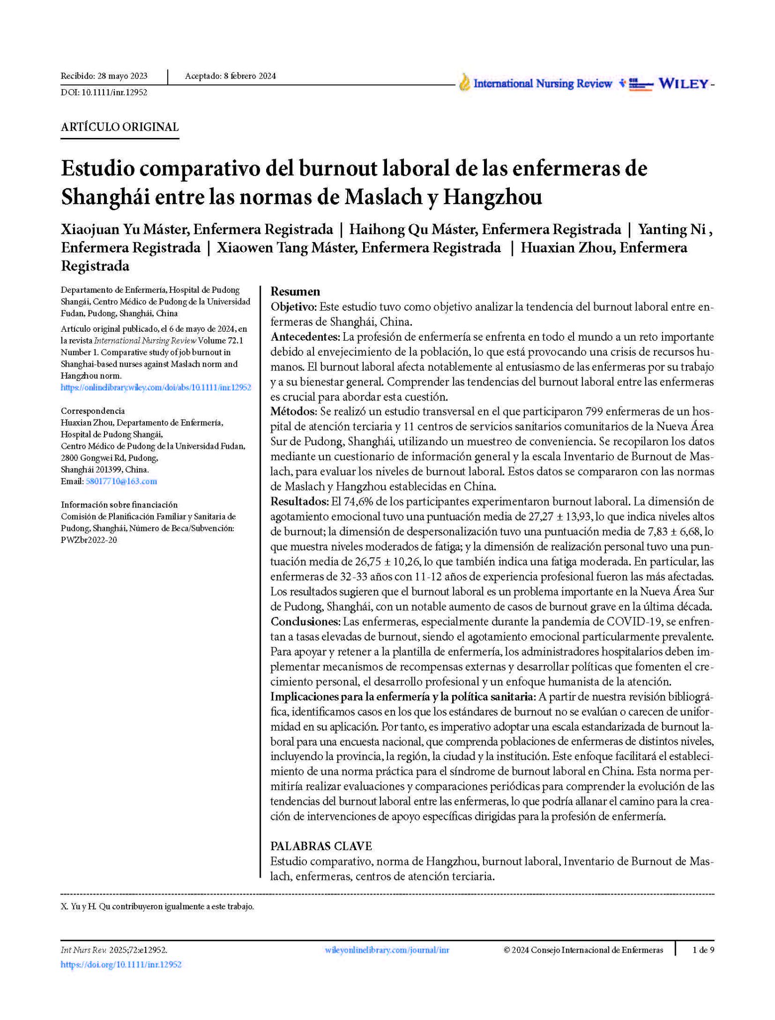 Estudio comparativo del burnout laboral de las enfermeras de Shanghái entre las normas de Maslach y Hangzhou