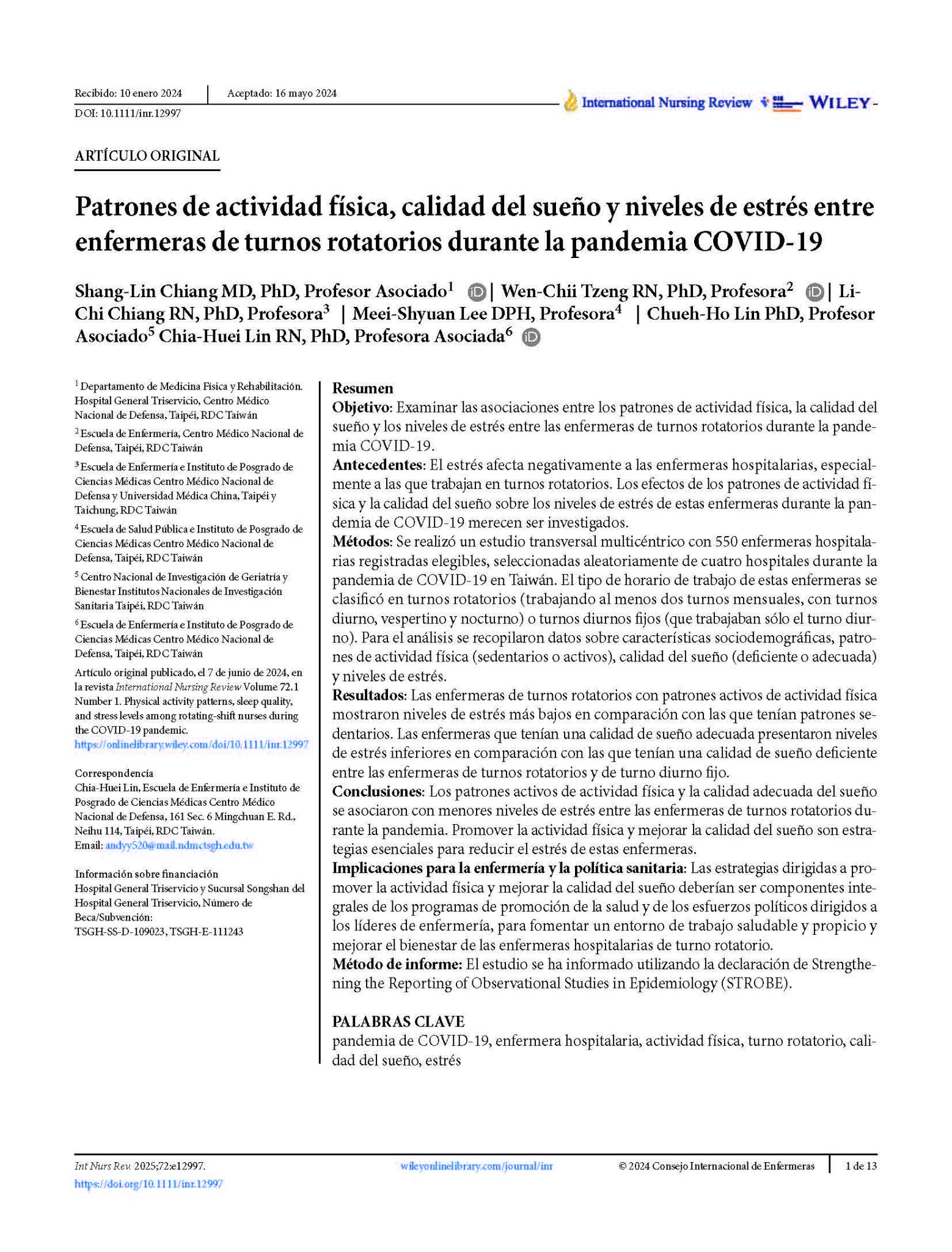 Patrones de actividad física, calidad del sueño y niveles de estrés entre enfermeras de turnos rotatorios durante la pandemia COVID-19