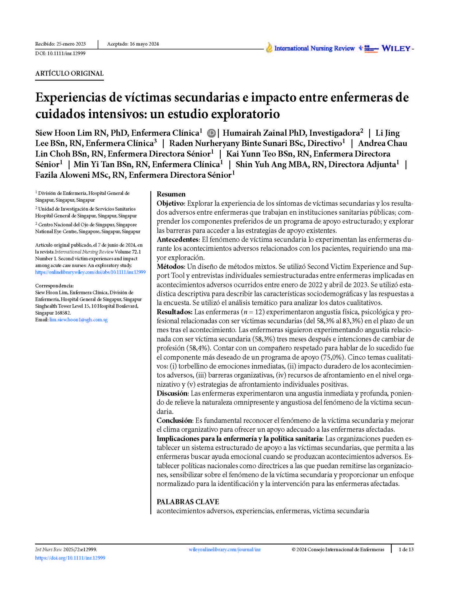 Experiencias de víctimas secundarias e impacto entre enfermeras de cuidados intensivos: un estudio exploratorio