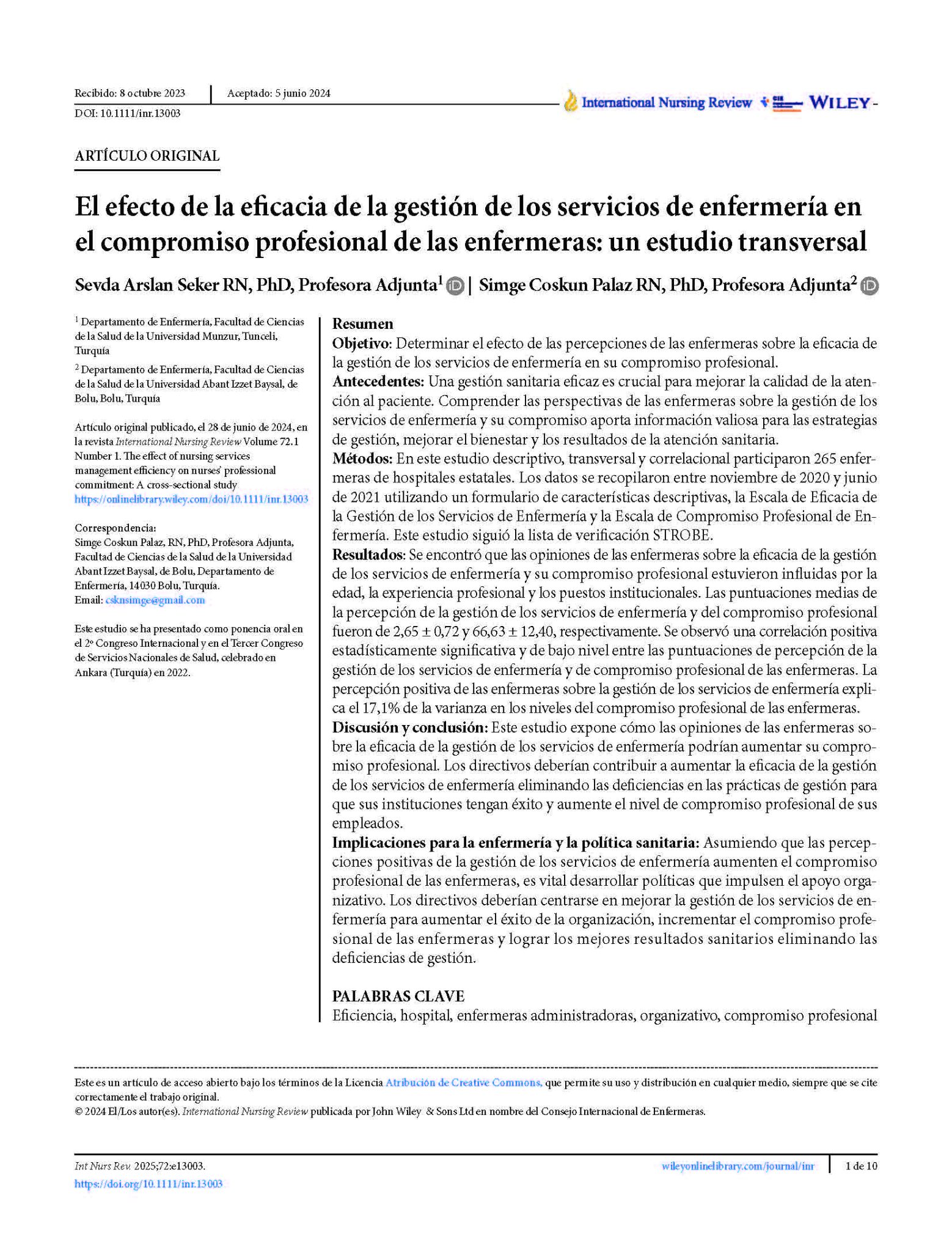 El efecto de la eficacia de la gestión de los servicios de enfermería en el compromiso profesional de las enfermeras: un estudio transversal
