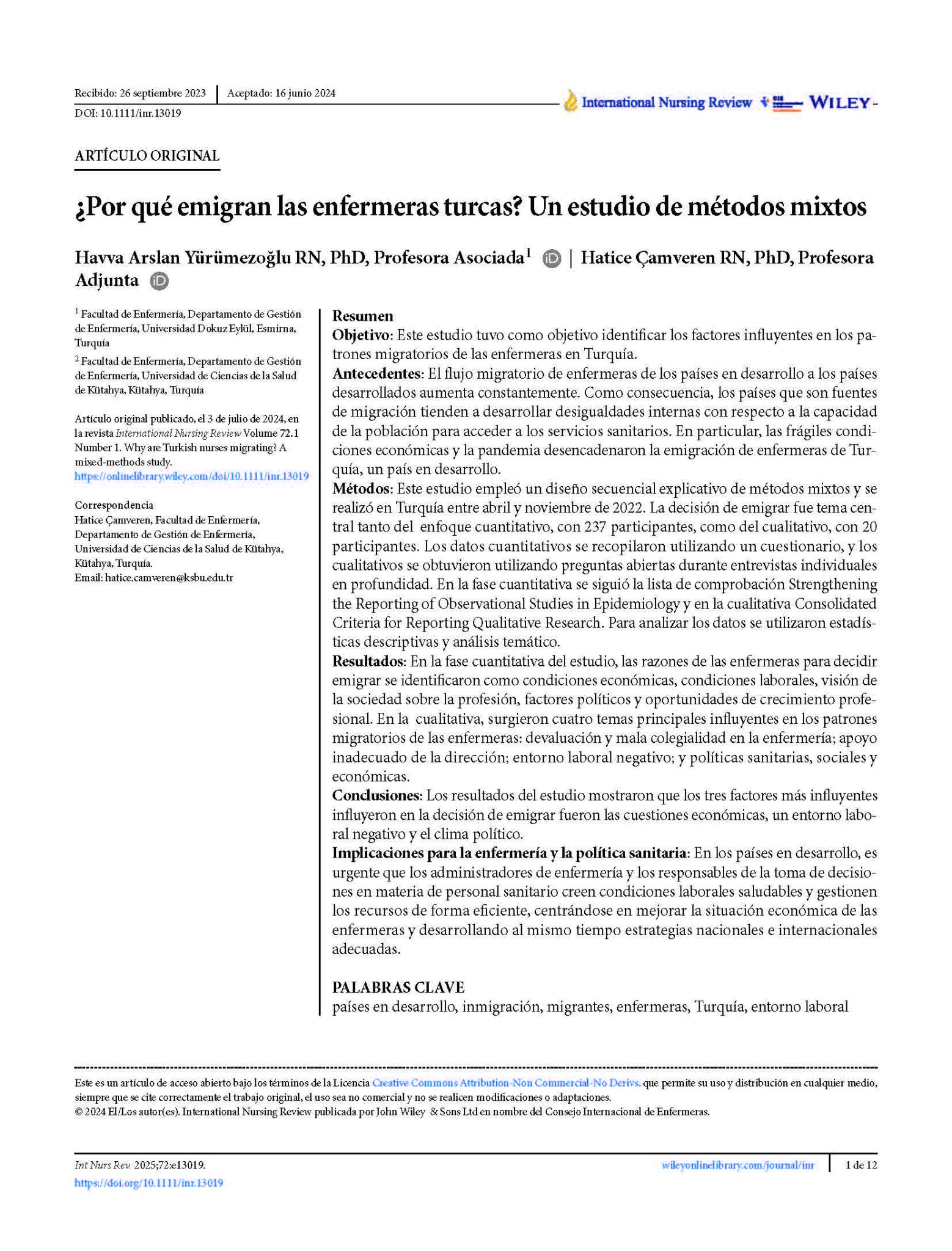 ¿Por qué emigran las enfermeras turcas? Un estudio de métodos mixto