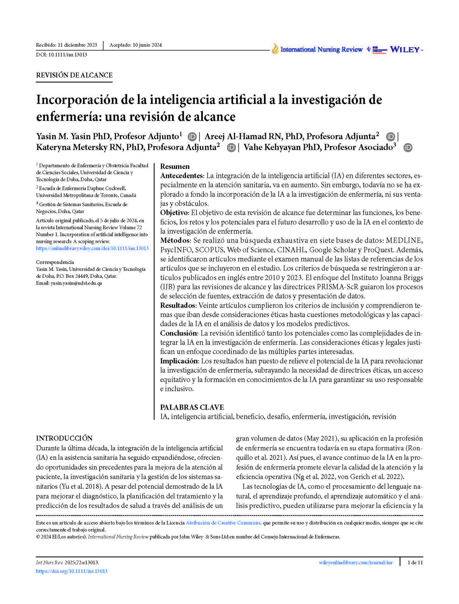 Incorporación de la inteligencia artificial a la investigación de enfermería: una revisión de alcance