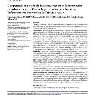 Competencia en gestión de desastres, creencia en la preparación para desastres y relación con la preparación para desastres: Enfermeras tras el terremoto de Turquía de 2023