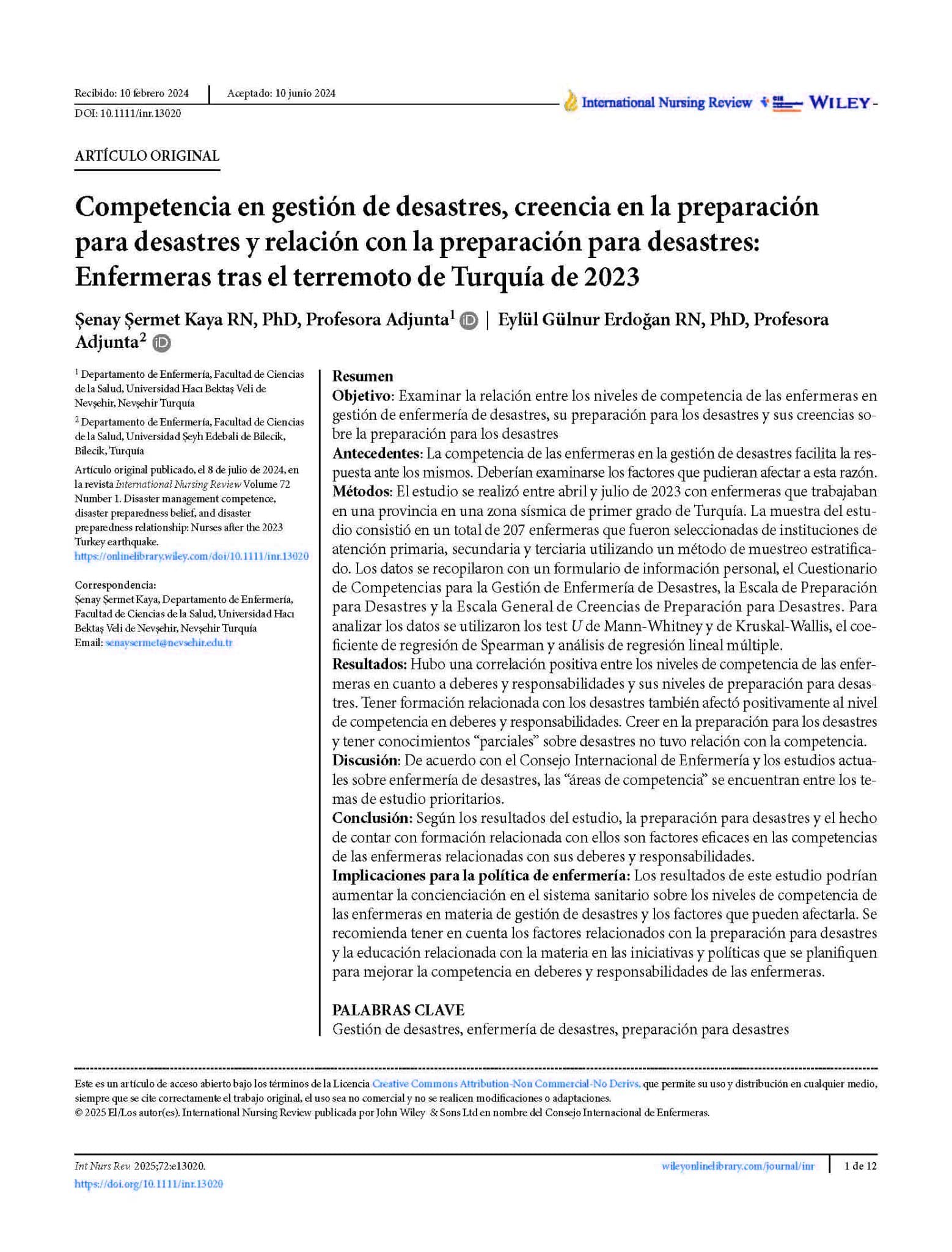 Competencia en gestión de desastres, creencia en la preparación para desastres y relación con la preparación para desastres: Enfermeras tras el terremoto de Turquía de 2023