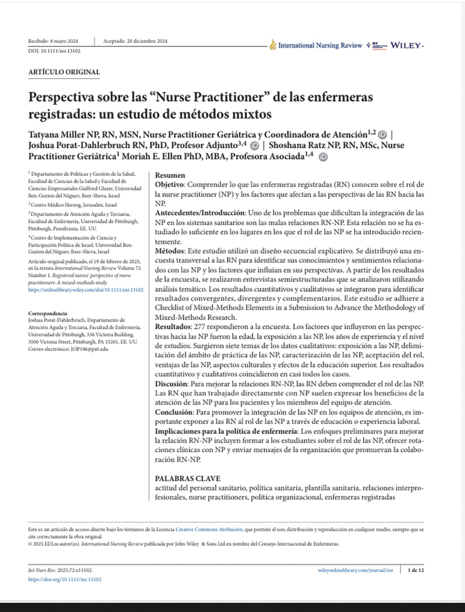 Perspectiva sobre las “Nurse Practitioner” de las enfermeras registradas: un estudio de métodos mixtos