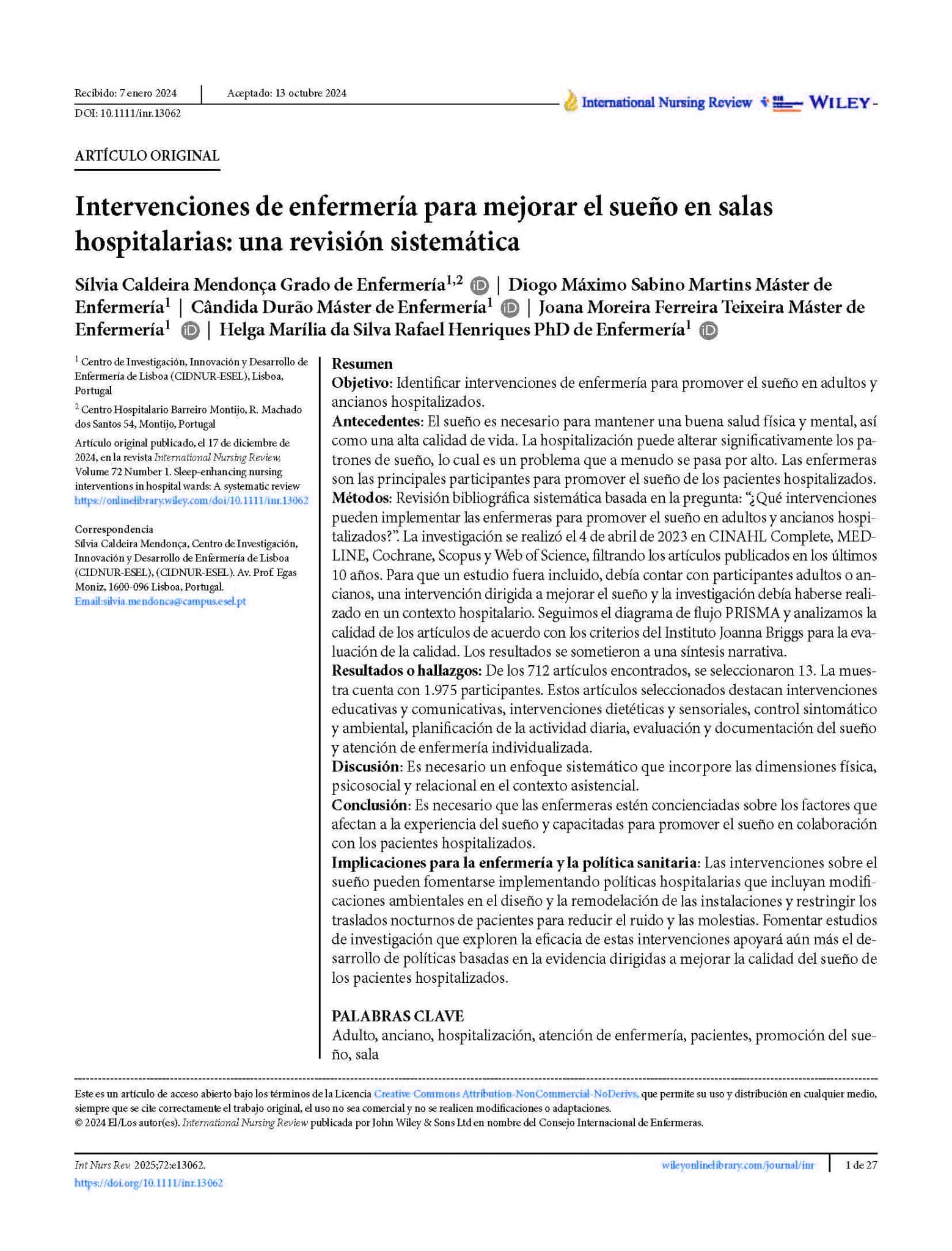 Intervenciones de enfermería para mejorar el sueño en salas hospitalarias: una revisión sistemática