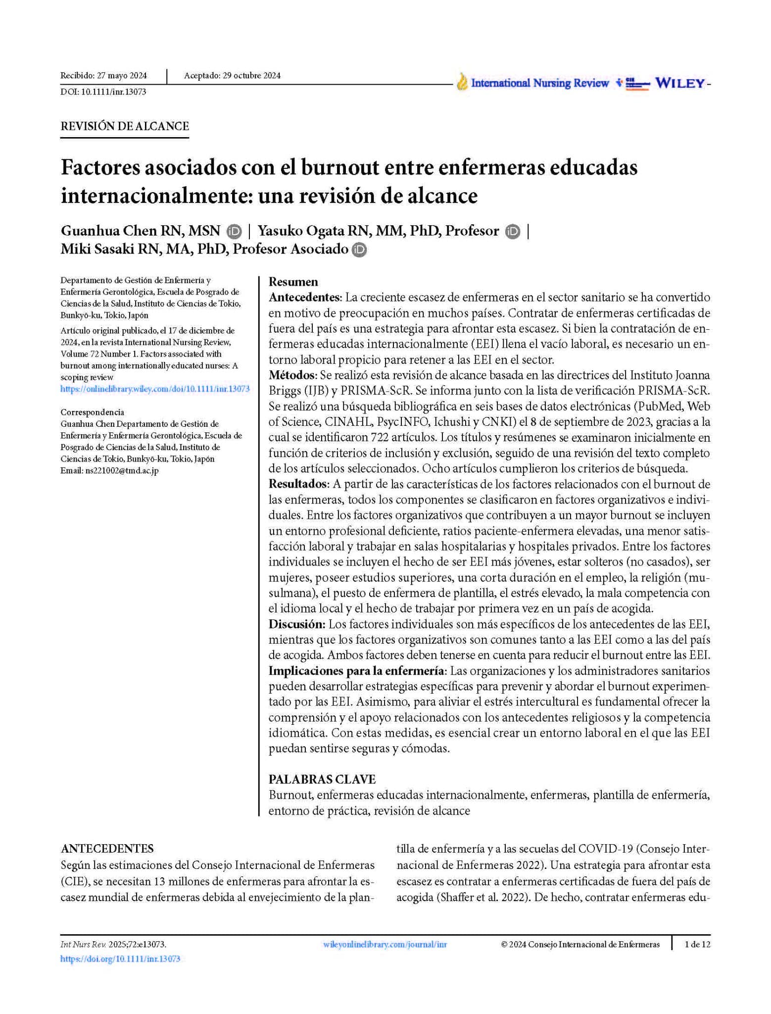 Factores asociados con el burnout entre enfermeras educadas internacionalmente: una revisión de alcance