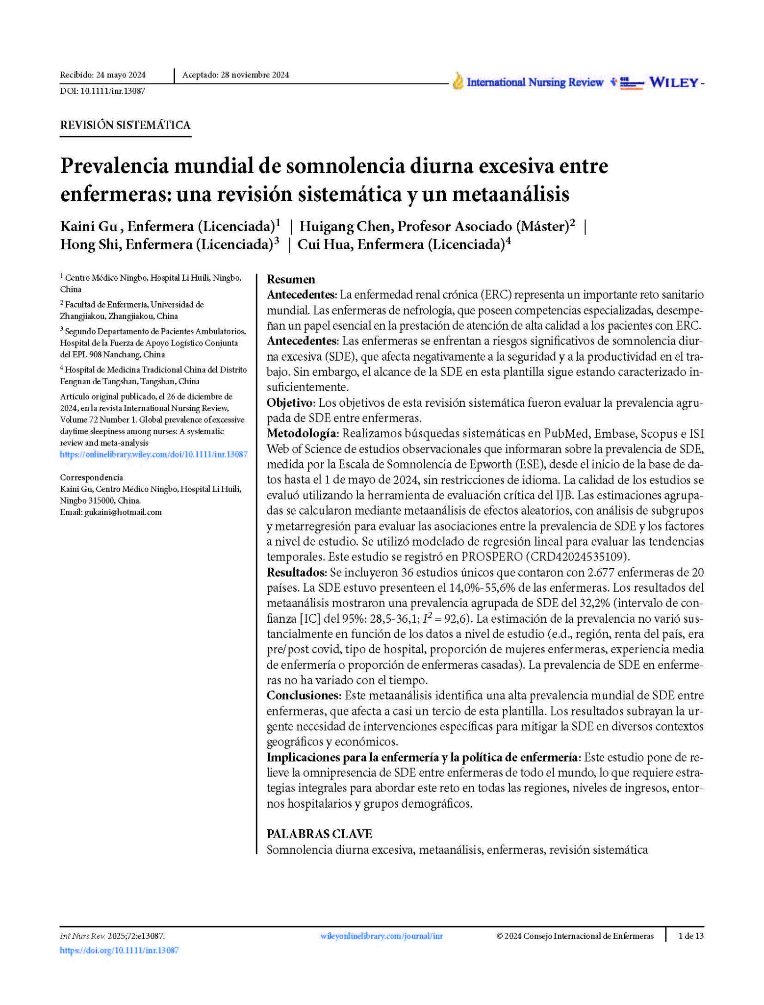Prevalencia mundial de somnolencia diurna excesiva entre enfermeras: una revisión sistemática y un metaanálisis