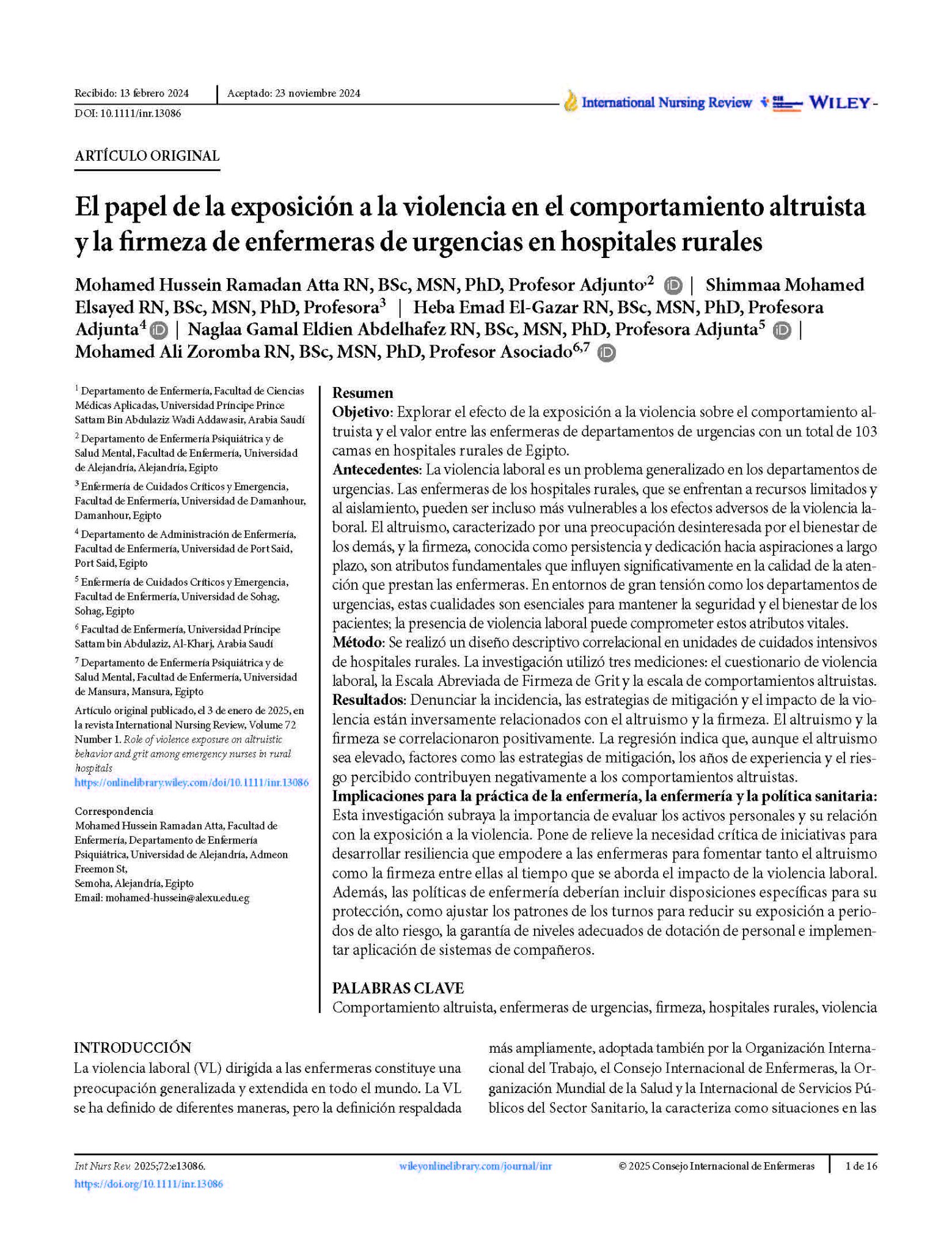 El papel de la exposición a la violencia en el comportamiento altruista y la firmeza de enfermeras de urgencias en hospitales rurales