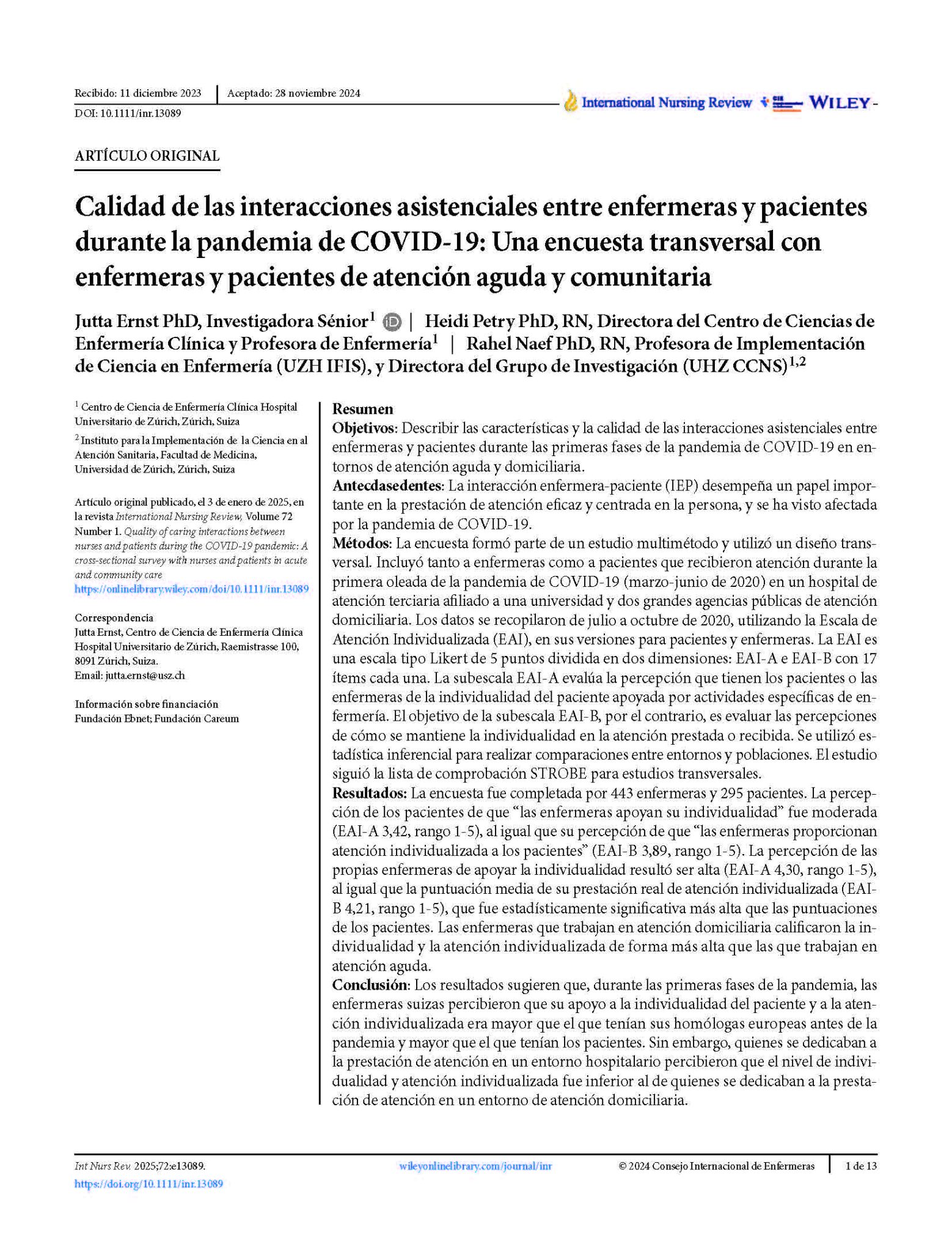 Calidad de las interacciones asistenciales entre enfermeras y pacientes durante la pandemia de COVID-19: Una encuesta transversal con enfermeras y pacientes de atención aguda y comunitaria