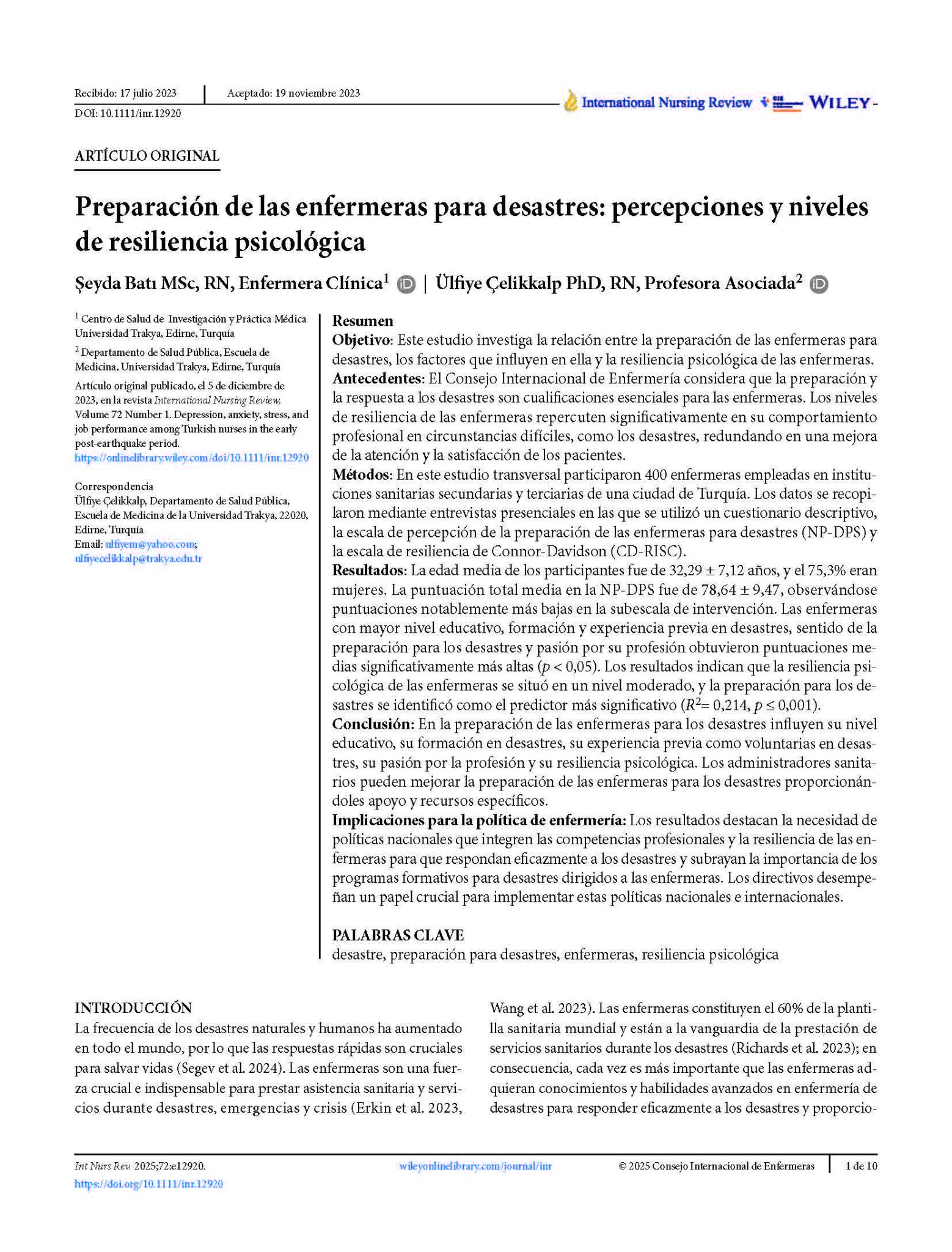 Preparación de las enfermeras para desastres: percepciones y niveles de resiliencia psicológica