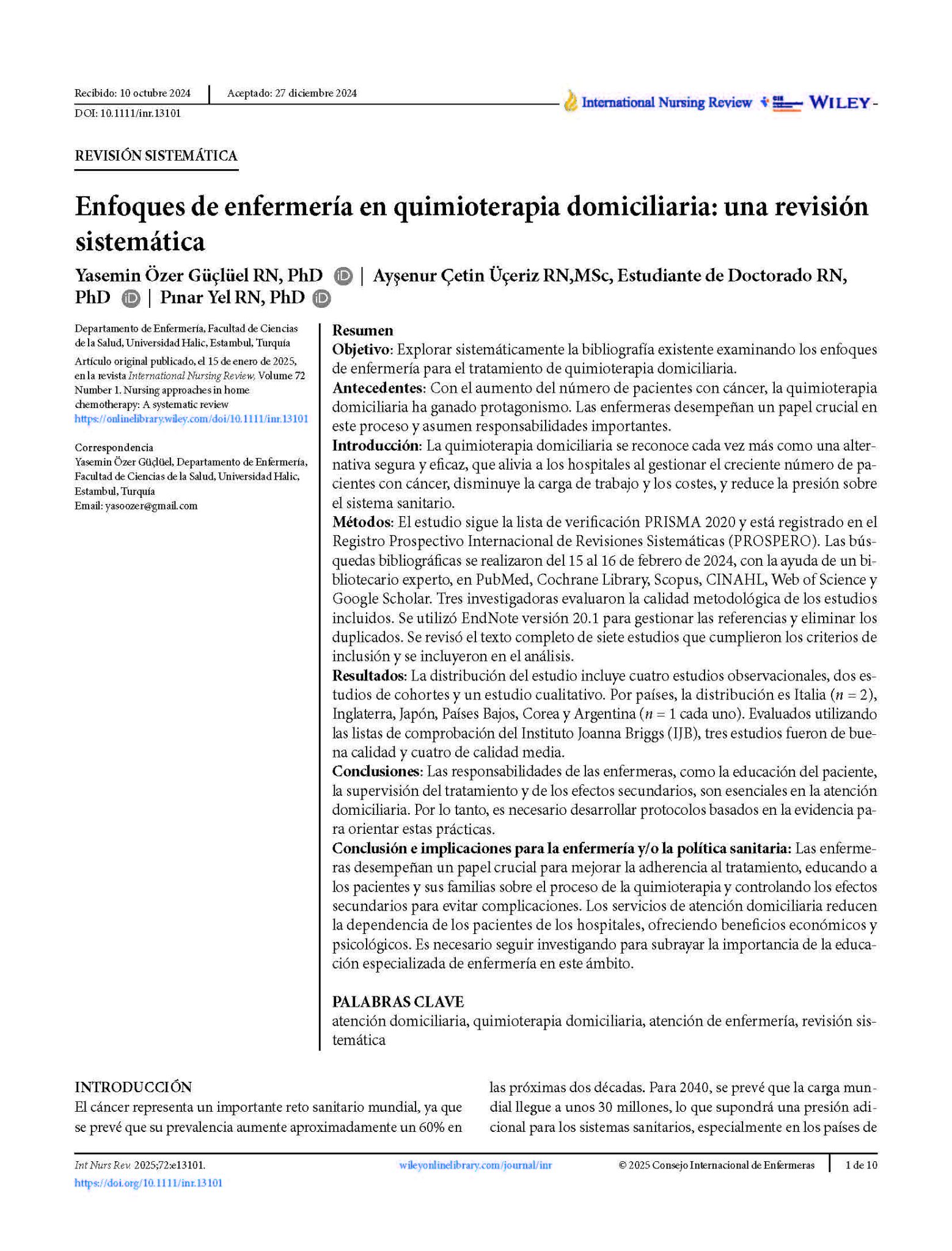 Enfoques de enfermería en quimioterapia domiciliaria: una revisión sistemática