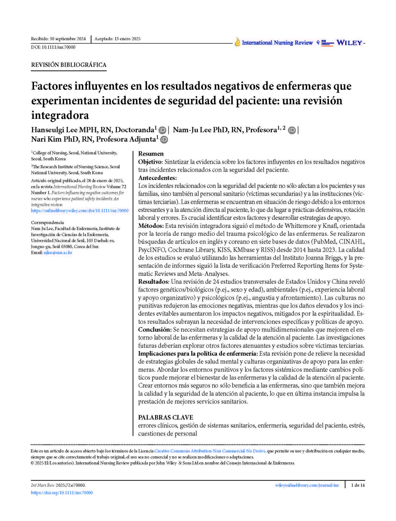 Factores influyentes en los resultados negativos de enfermeras que experimentan incidentes de seguridad del paciente: una revisión integradora