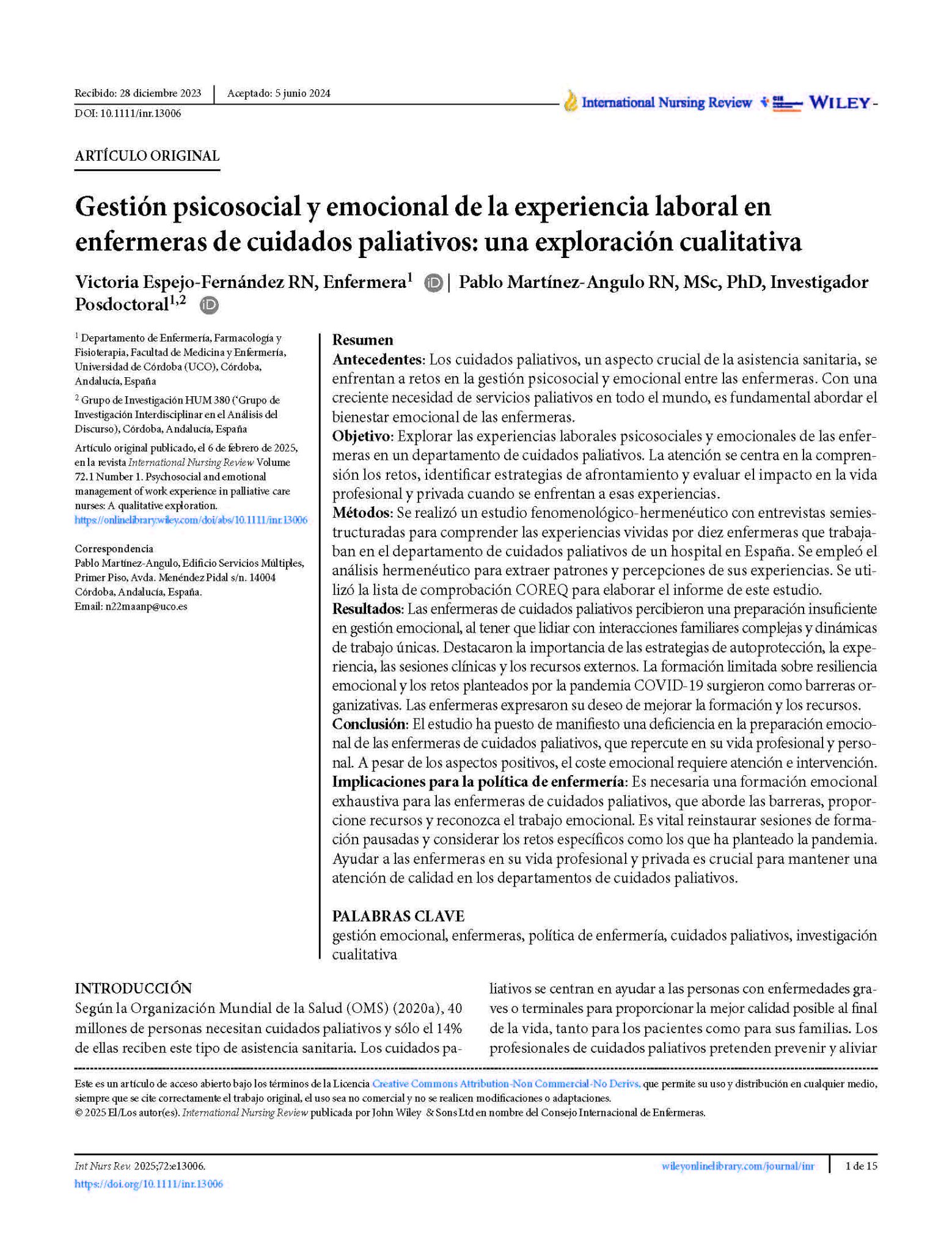 Gestión psicosocial y emocional de la experiencia laboral en enfermeras de cuidados paliativos: una exploración cualitativa