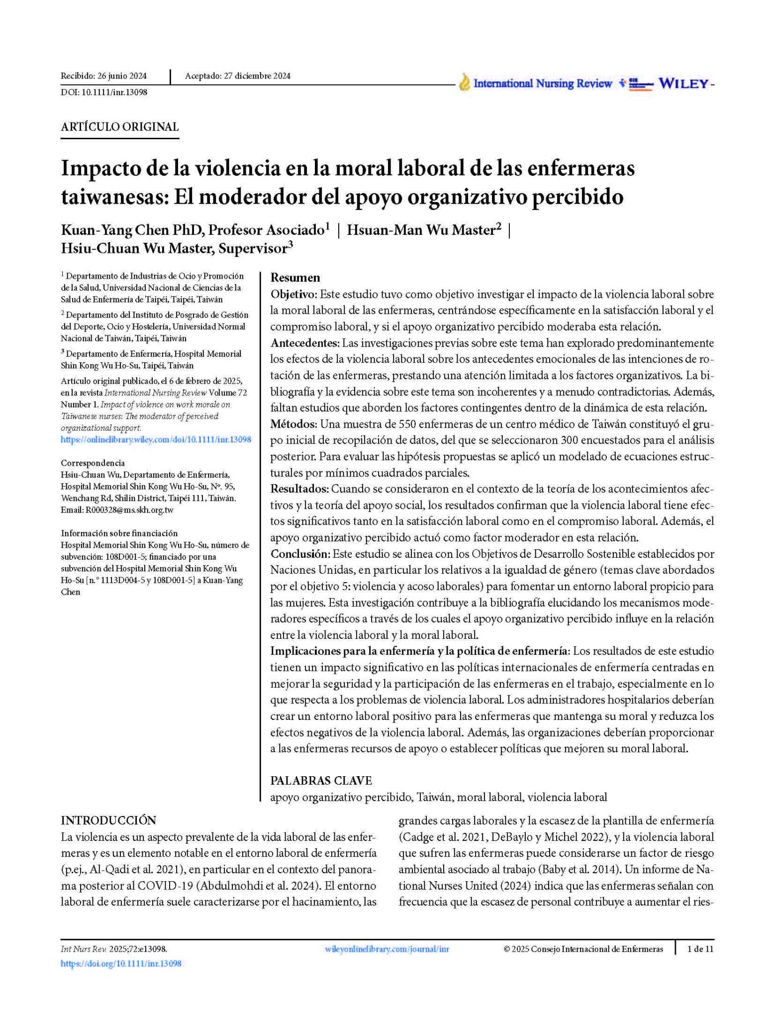 Impacto de la violencia en la moral laboral de las enfermeras taiwanesas: El moderador del apoyo organizativo percibido