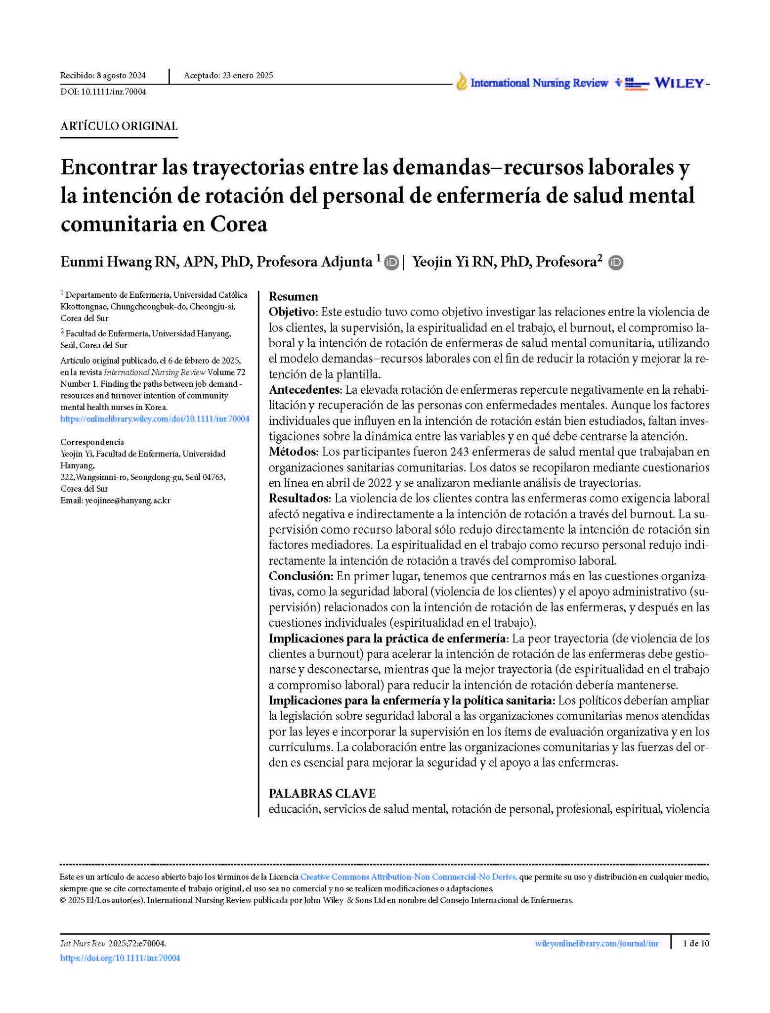 Encontrar las trayectorias entre las demandas−recursos laborales y la intención de rotación del personal de enfermería de salud mental comunitaria en Corea
