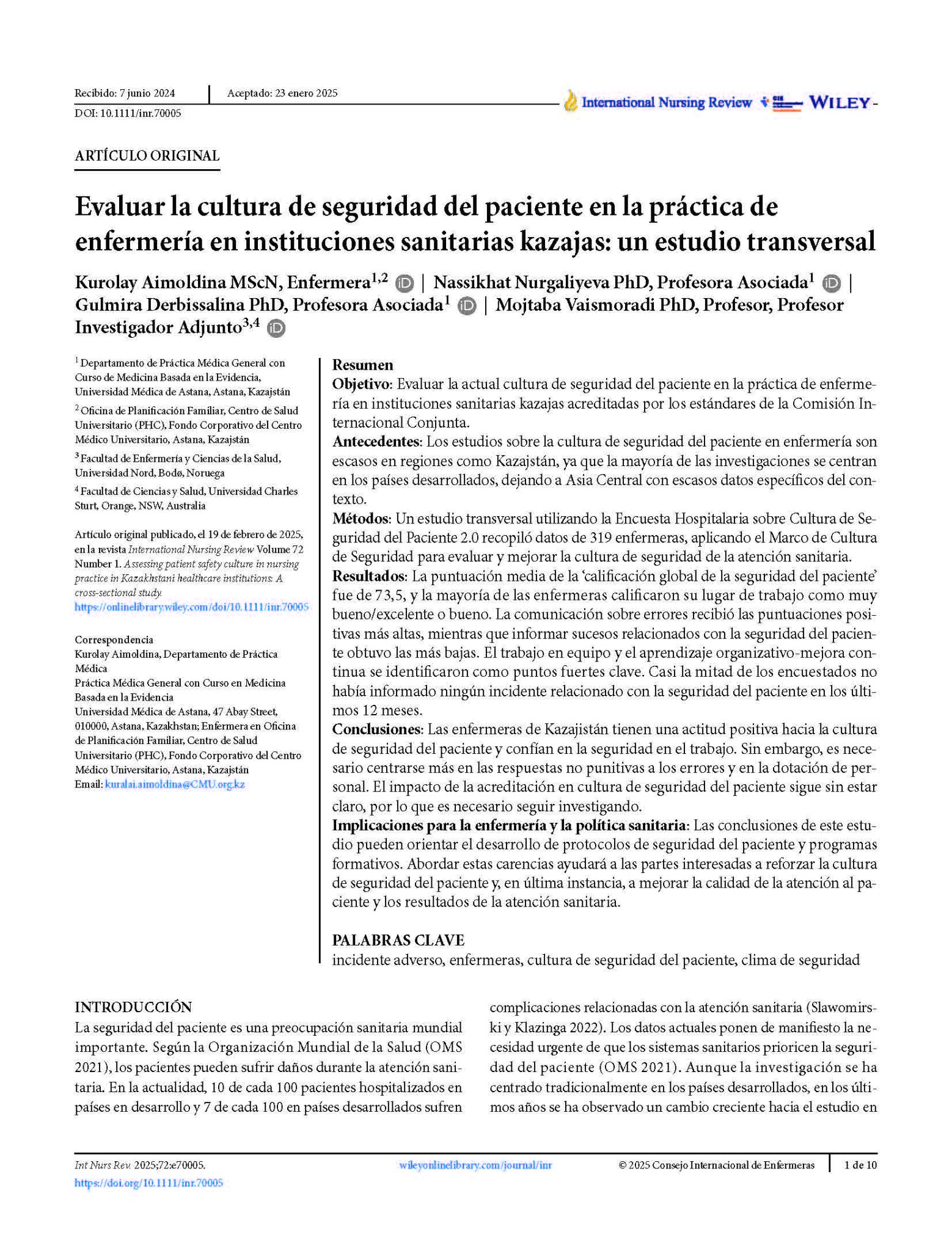 Evaluar la cultura de seguridad del paciente en la práctica de enfermería en instituciones sanitarias kazajas: un estudio transversal