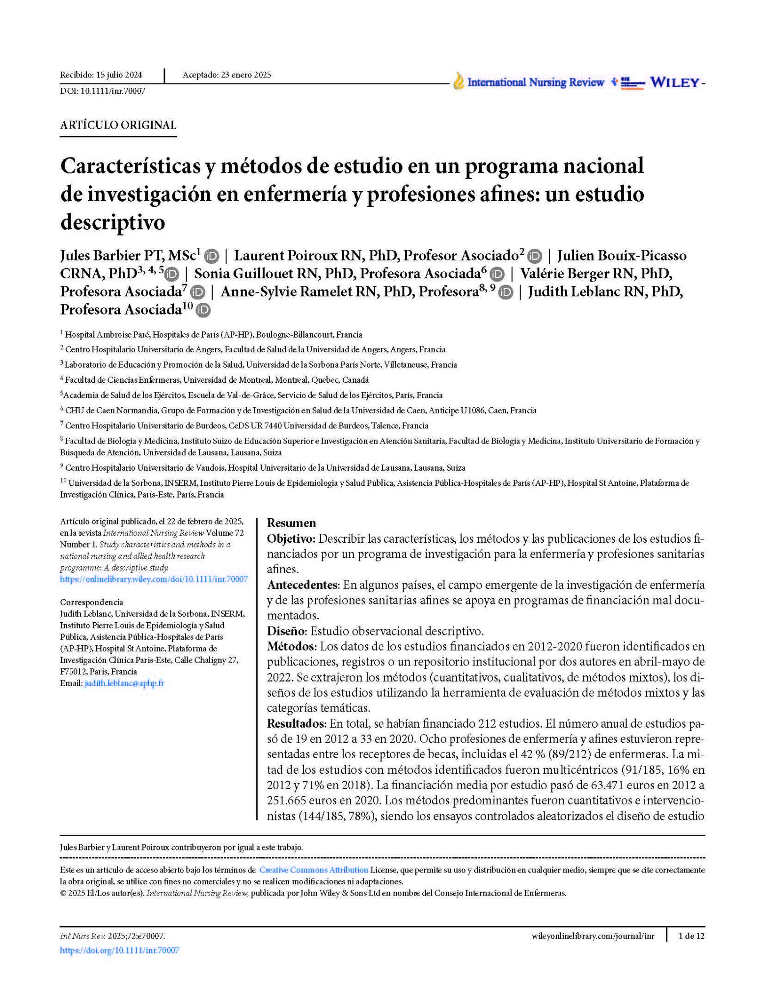 Características y métodos de estudio en un programa nacional de investigación en enfermería y profesiones afines: un estudio descriptivo