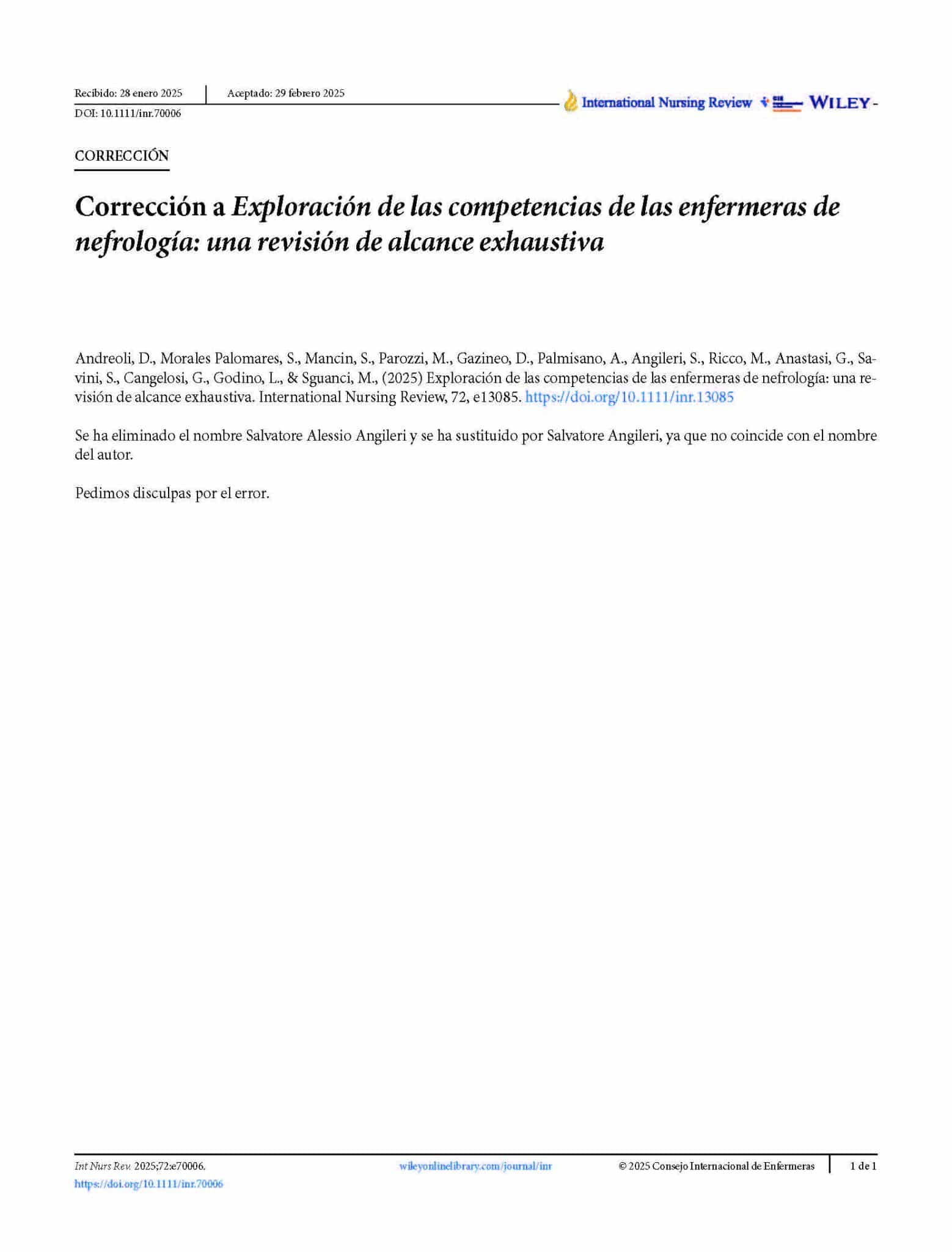 Corrección a Exploración de las competencias de las enfermeras de nefrología: una revisión de alcance exhaustiva