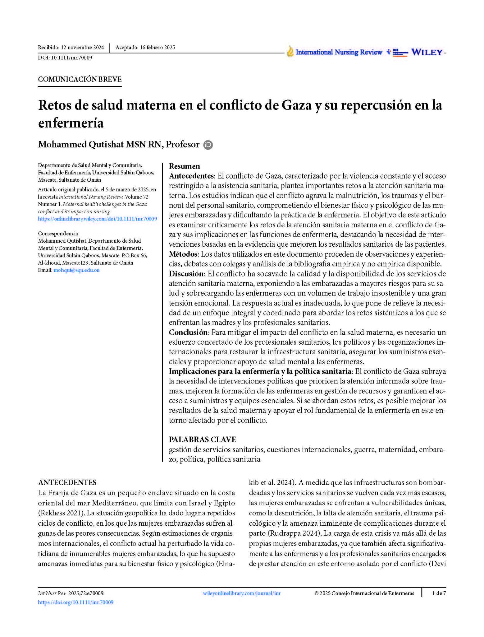 Retos de salud materna en el conflicto de Gaza y su repercusión en la enfermería