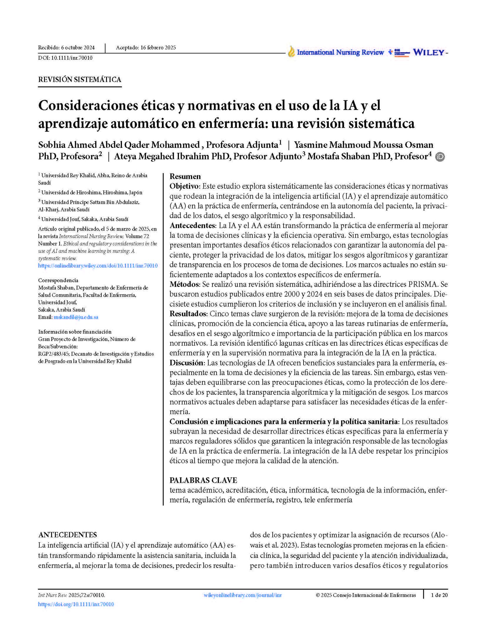Consideraciones éticas y normativas en el uso de la IA y el aprendizaje automático en enfermería: una revisión sistemática