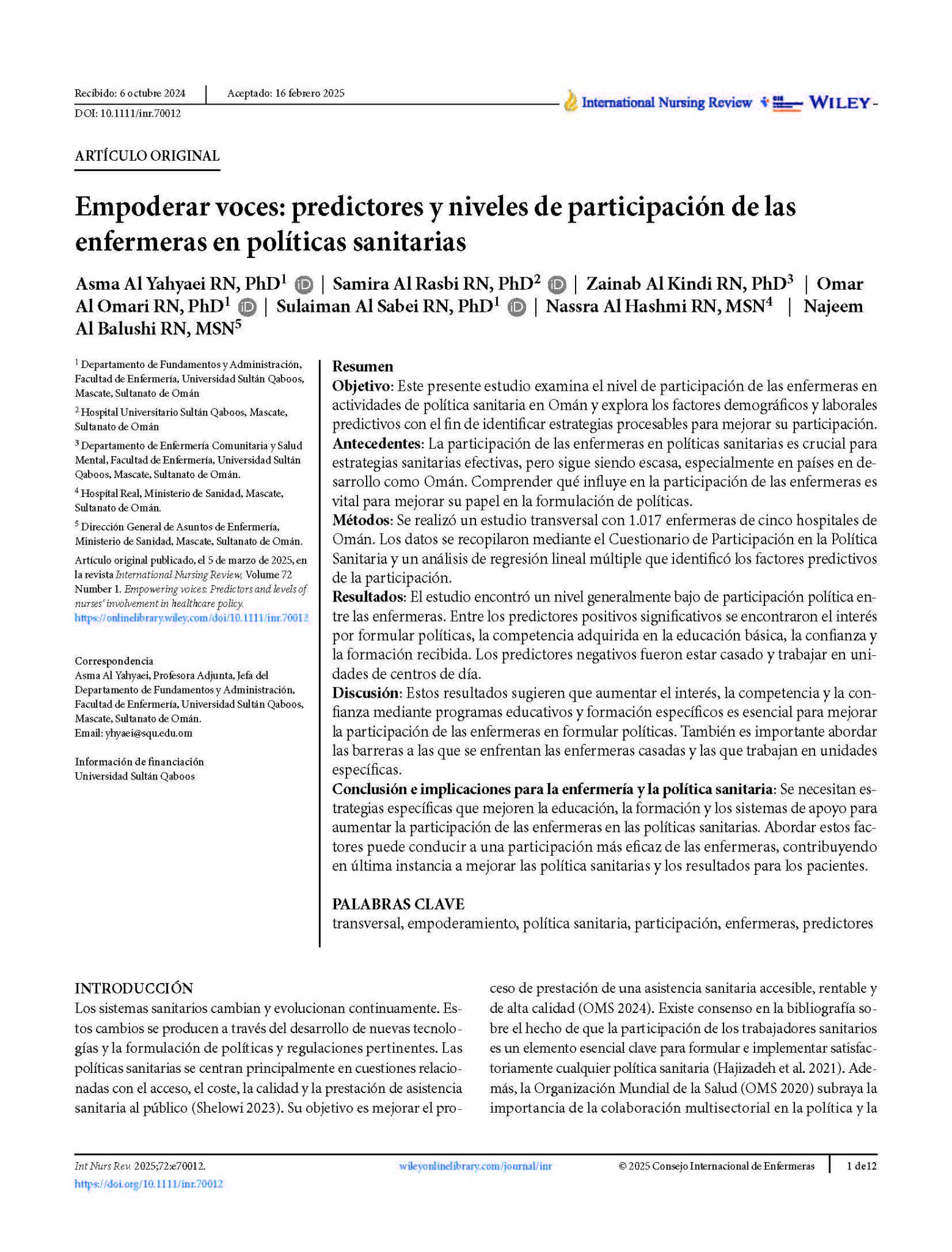 Empoderar voces: predictores y niveles de participación de las enfermeras en políticas sanitarias