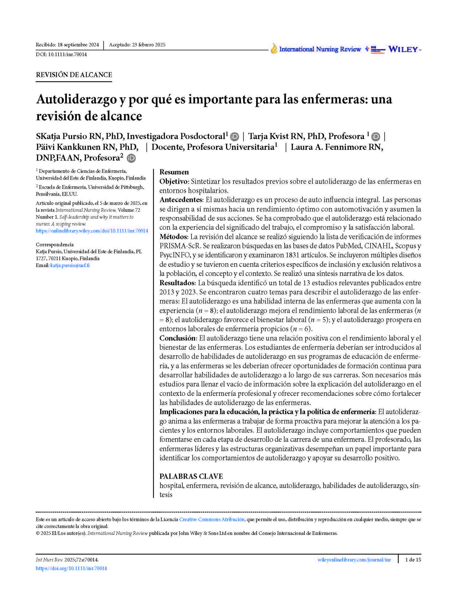 Autoliderazgo y por qué es importante para las enfermeras: una revisión de alcance