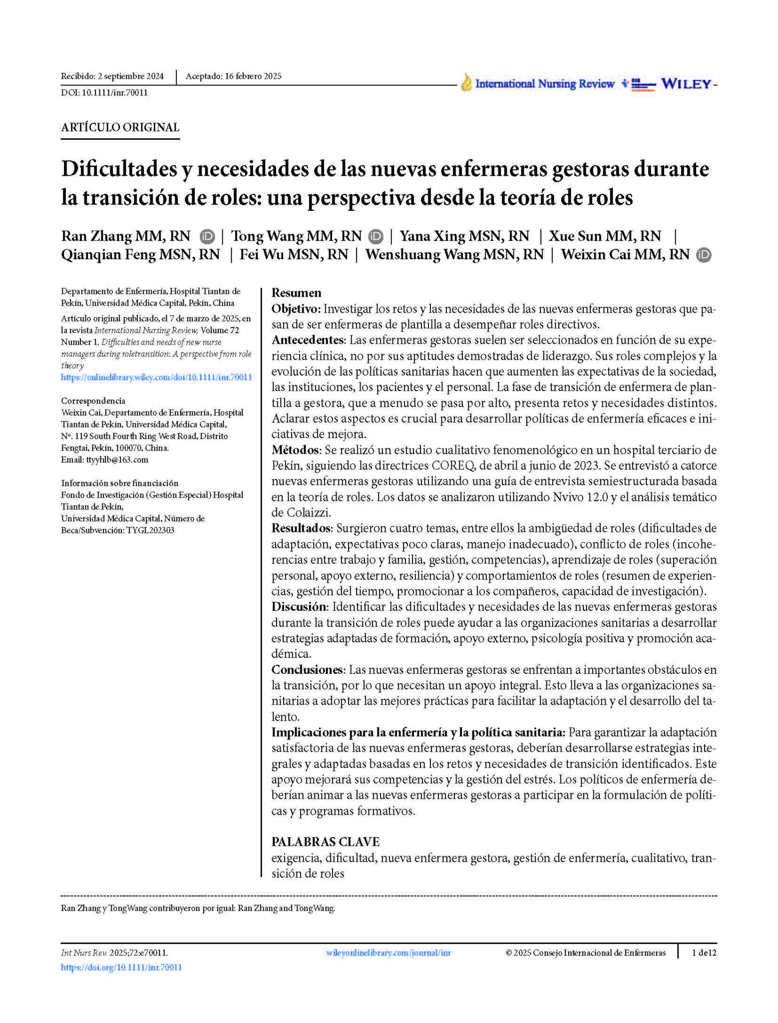 Dificultades y necesidades de las nuevas enfermeras gestoras durante la transición de roles: una perspectiva desde la teoría de roles