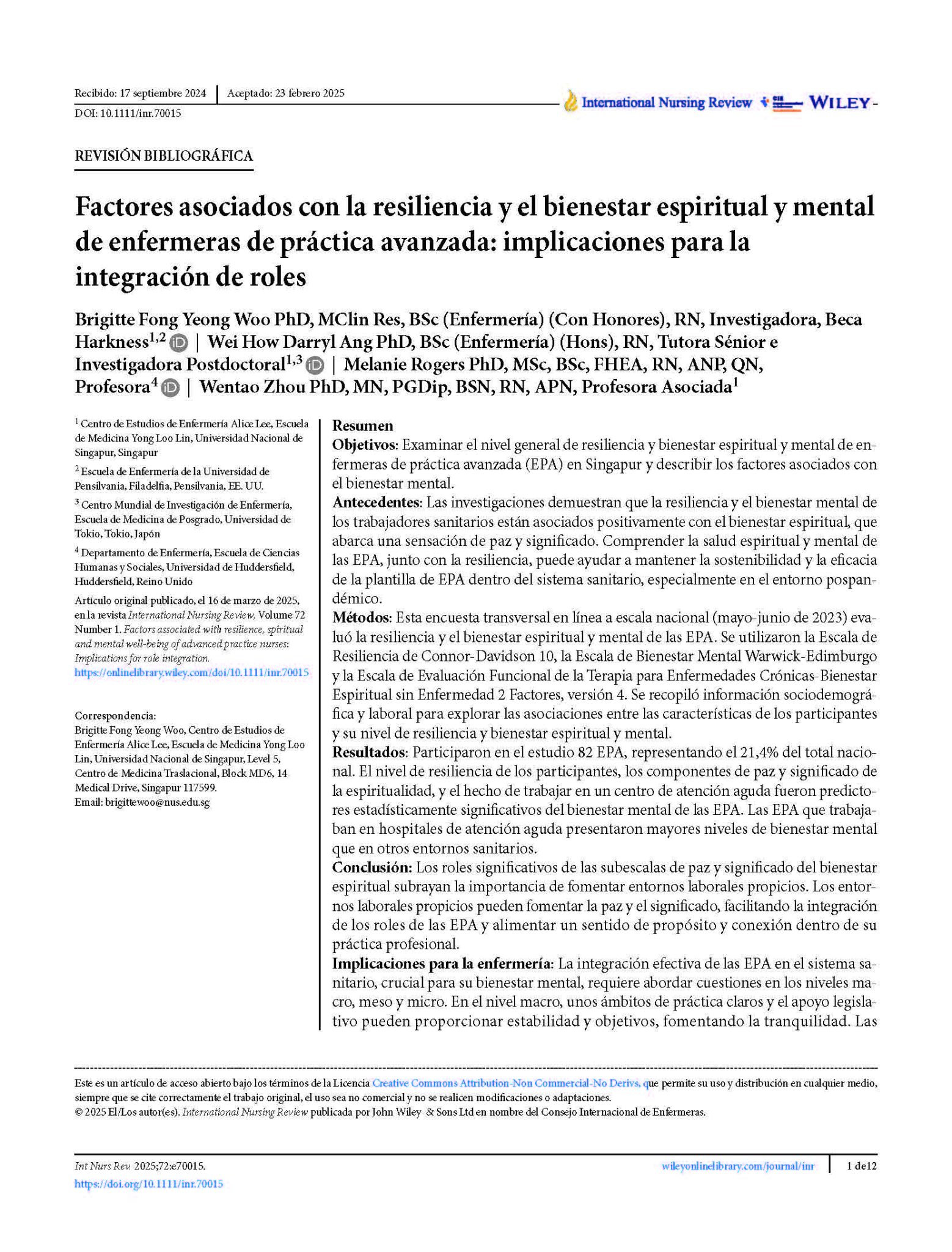 Factores asociados con la resiliencia y el bienestar espiritual y mental de enfermeras de práctica avanzada: implicaciones para la integración de roles