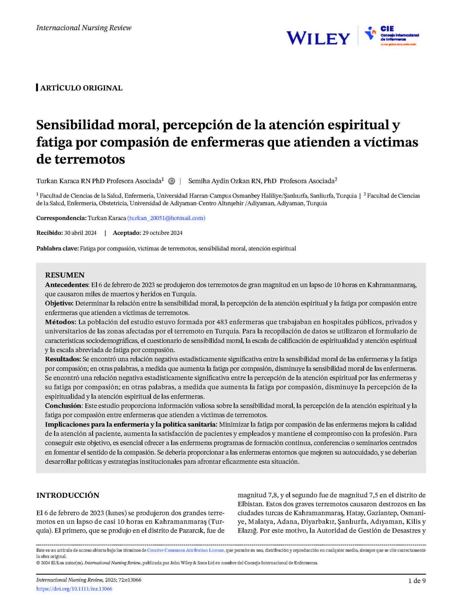 Sensibilidad moral, percepción de la atención espiritual y fatiga por compasión de enfermeras que atienden a víctimas de terremotos