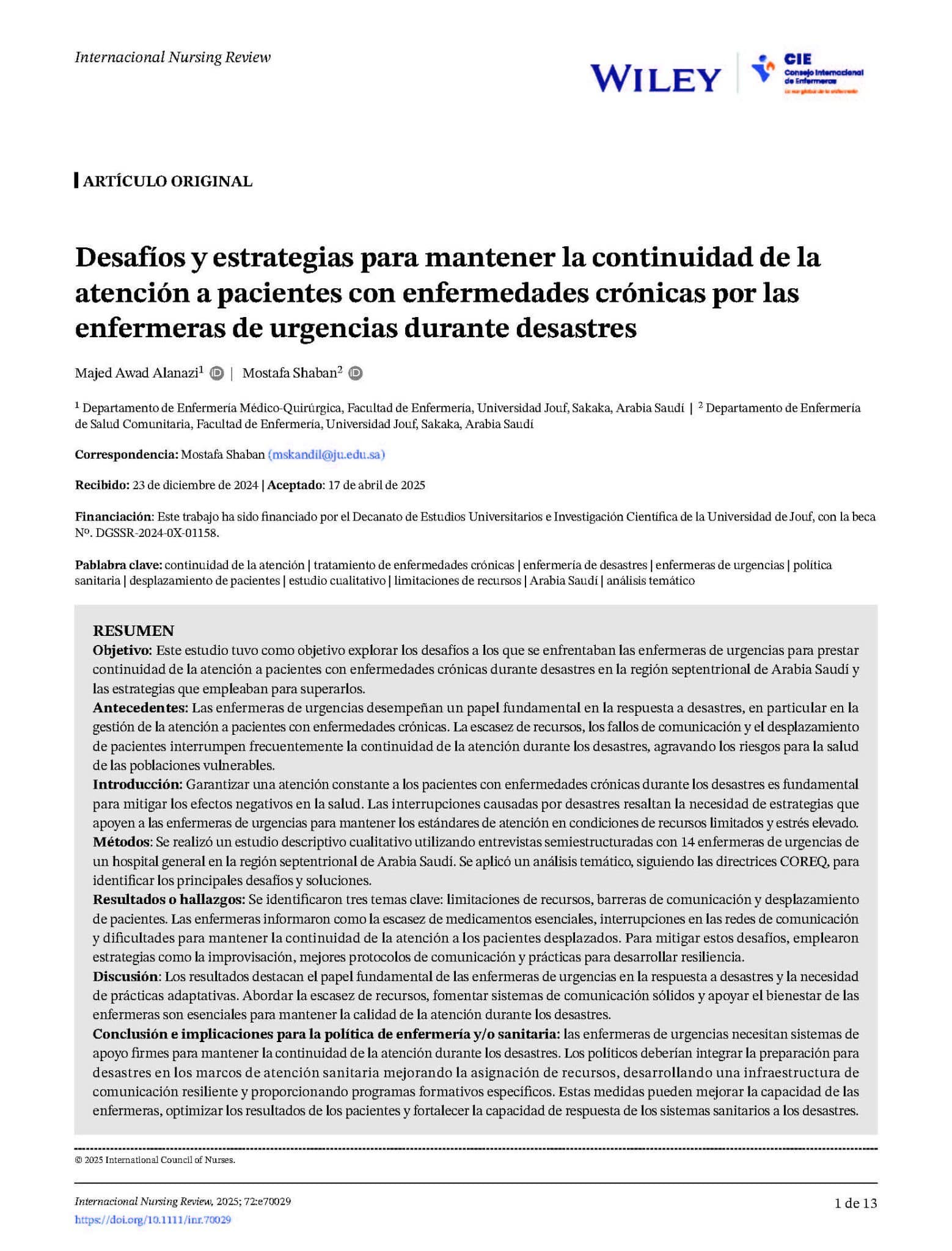 Desafíos y estrategias para mantener la continuidad de la atención a pacientes con enfermedades crónicas por las enfermeras de urgencias durante desastres