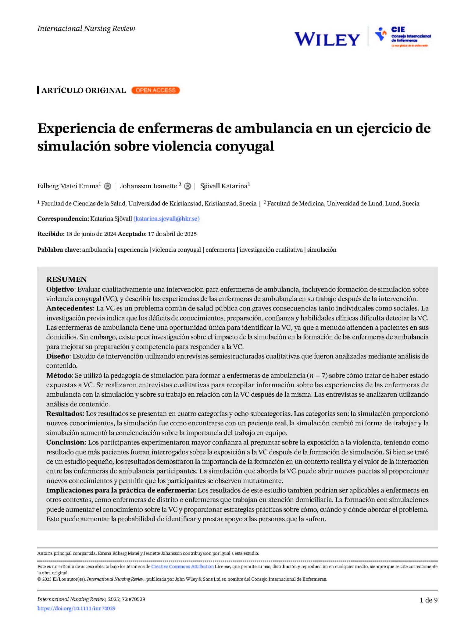 Experiencia de enfermeras de ambulancia en un ejercicio de simulación sobre violencia conyugal