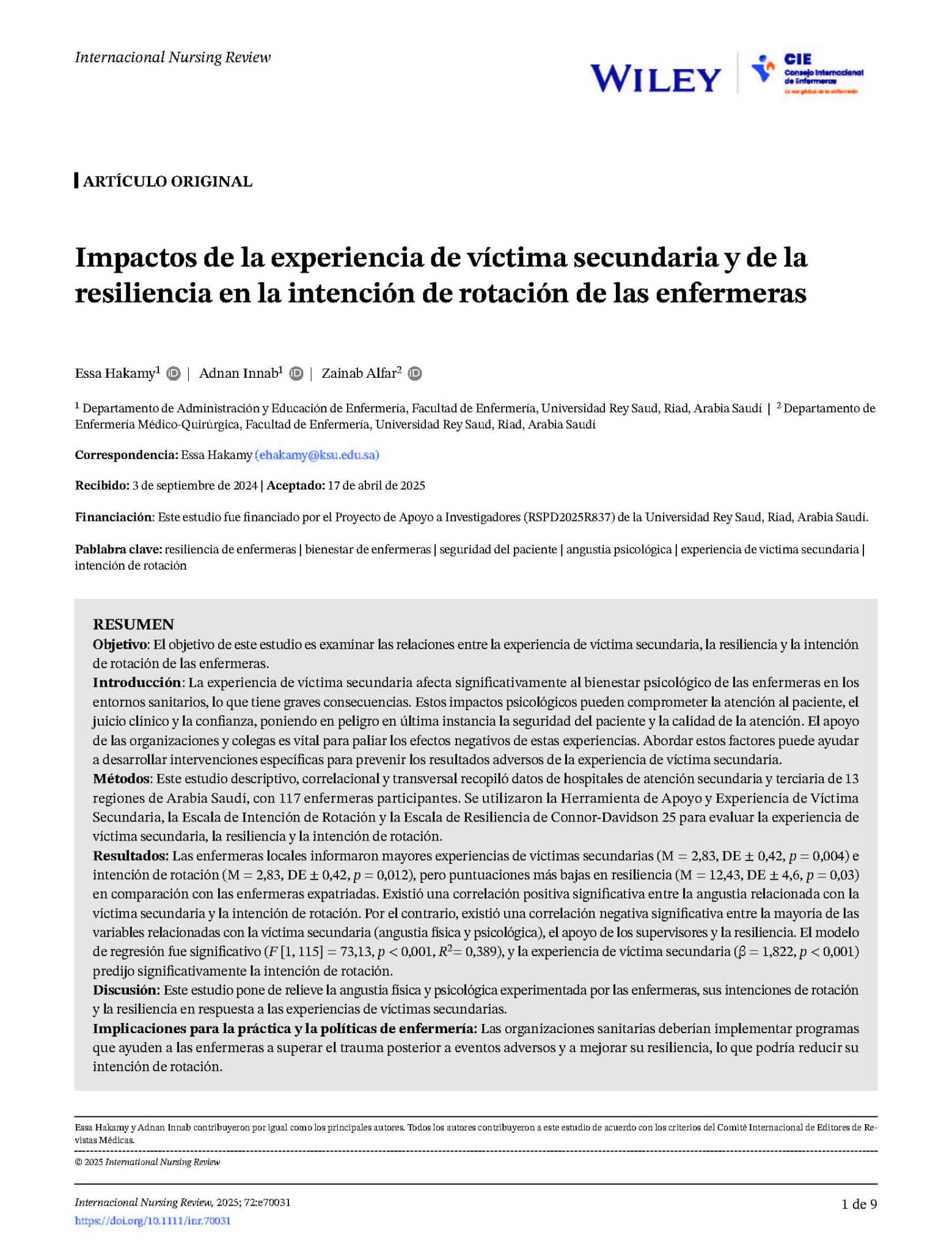 Impactos de la experiencia de víctima secundaria y de la resiliencia en la intención de rotación de las enfermeras