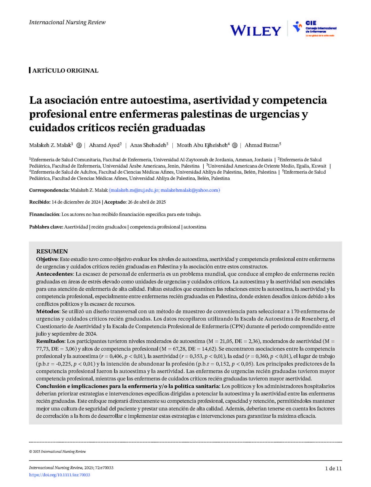 La asociación entre autoestima, asertividad y competencia profesional entre enfermeras palestinas de urgencias y cuidados críticos recién graduadas