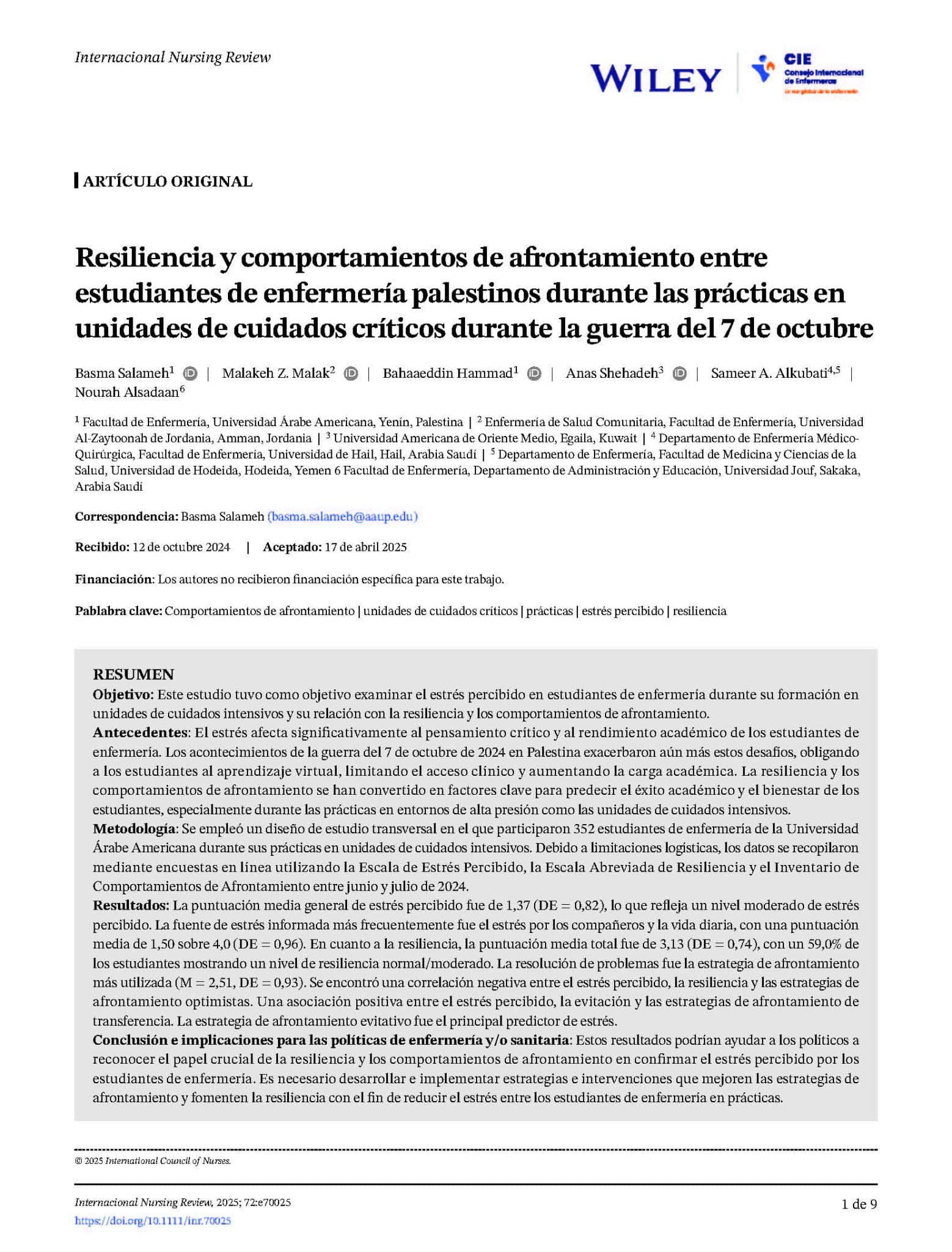 Resiliencia y comportamientos de afrontamiento entre estudiantes de enfermería palestinos durante las prácticas en unidades de cuidados críticos durante la guerra del 7 de octubre